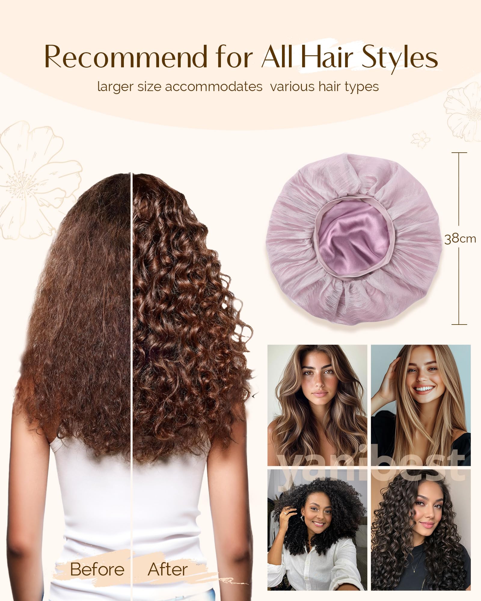 YANIBEST Breathable Silk Bonnet for Sleeping, Butter-Satin Bonnet Sleep Cap to Reduce Frizz, Lightweight Hair Wrap Curly Hair, Purple