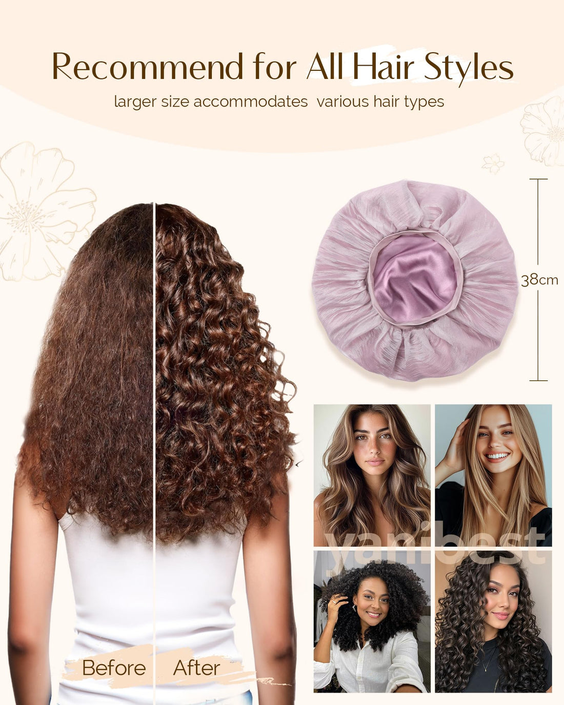 YANIBEST Breathable Silk Bonnet for Sleeping, Butter-Satin Bonnet Sleep Cap to Reduce Frizz, Lightweight Hair Wrap Curly Hair, Purple