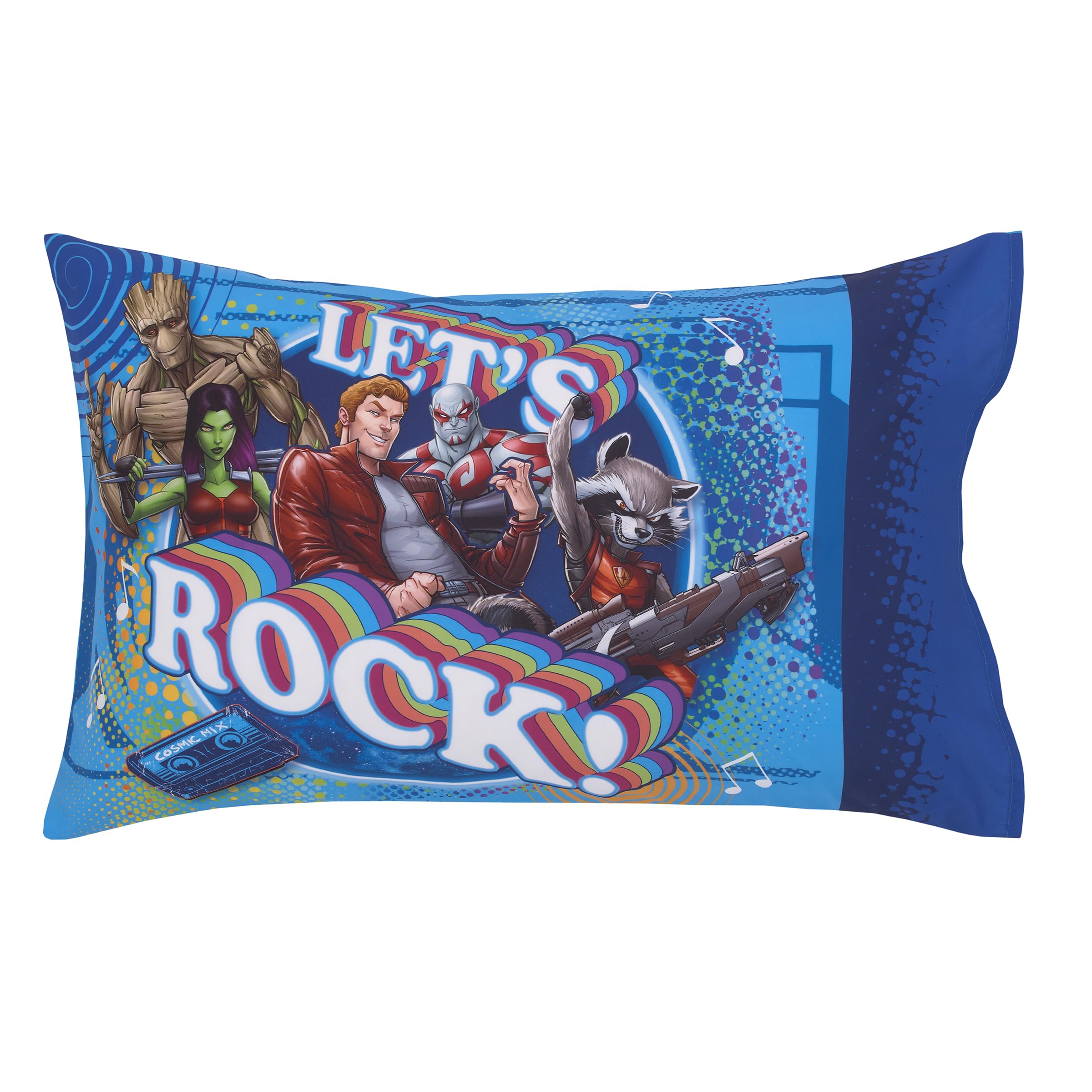 Marvel Guardians of The Galaxy Blue Let's Rock 4 Piece Toddler Bed Set - Comforter, Fitted Bottom Sheet, Flat Top Sheet, and Reversible Pillowcase