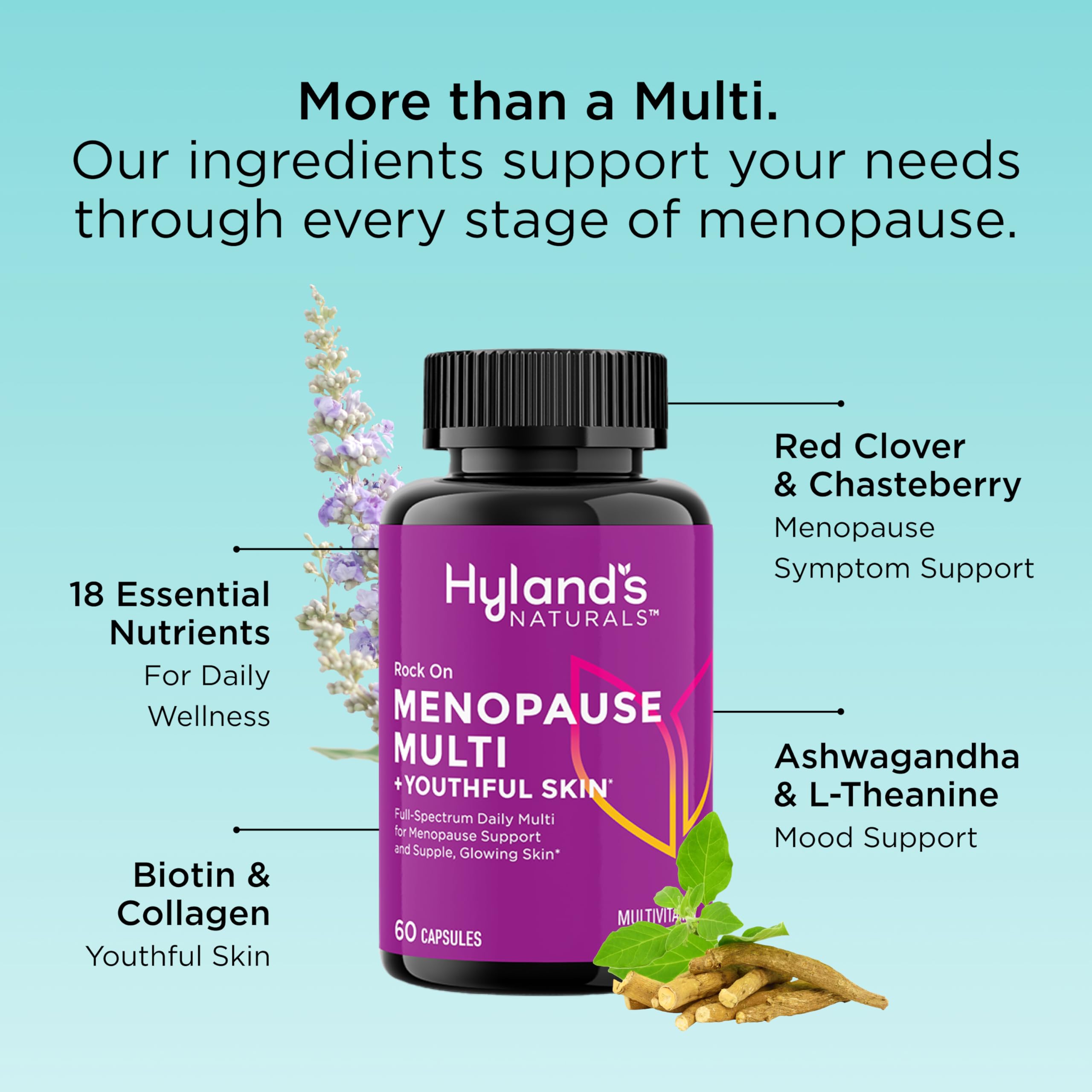 Hyland's Rock On Menopause and Youthful Skin Multivitamin for Women with Immune Support, 60 Capsules, Menopause Relief for Women with Biotin, Collagen, and Red Clover