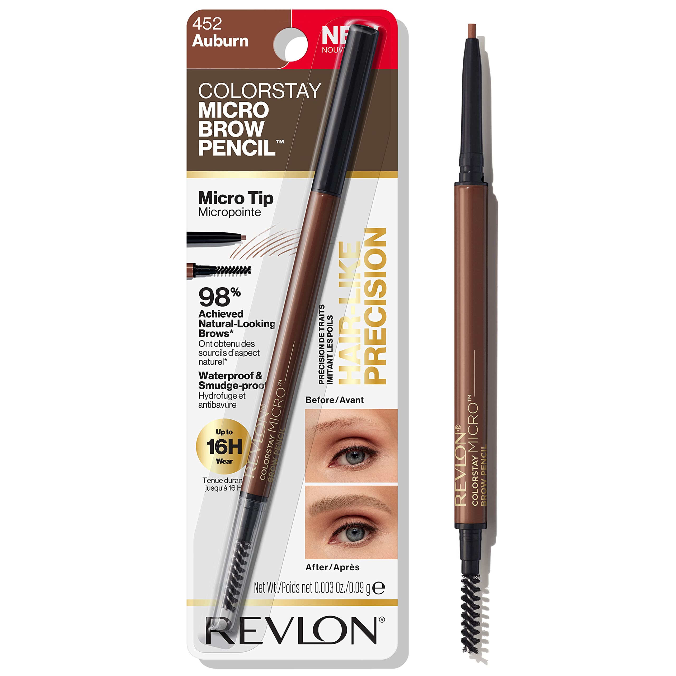 Revlon ColorStay Micro Eyebrow Pencil with Built In Spoolie Brush, Infused with Argan and Marula Oil, Waterproof, Smudgeproof, 452 Auburn, 0.003 oz