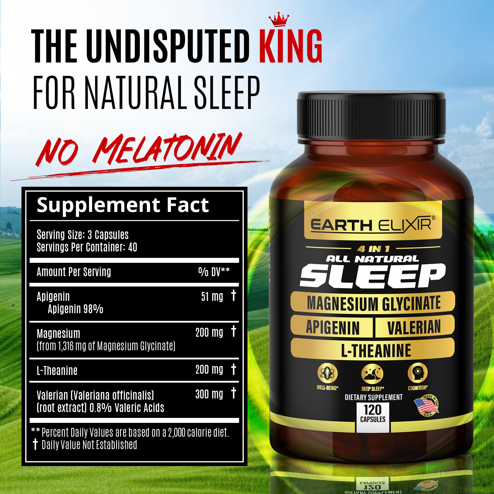 Earth Elixir 4-in-1 Sleep Aid (120 Caps) w/Apigenin 50mg, Magnesium Glycinate 200mg, L Theanine 200mg & Valerian Root for Sleep Aid 300mg | Apigenin Supplement for Sleep | Sleeping Pills