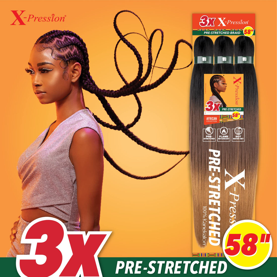 Sensationnel X-pression prestretched braiding hair - 3x braid 58 inch all kanekalon flame retardant synthetic braid for box braids and twists (1 pack, 1B OFFBLACK)