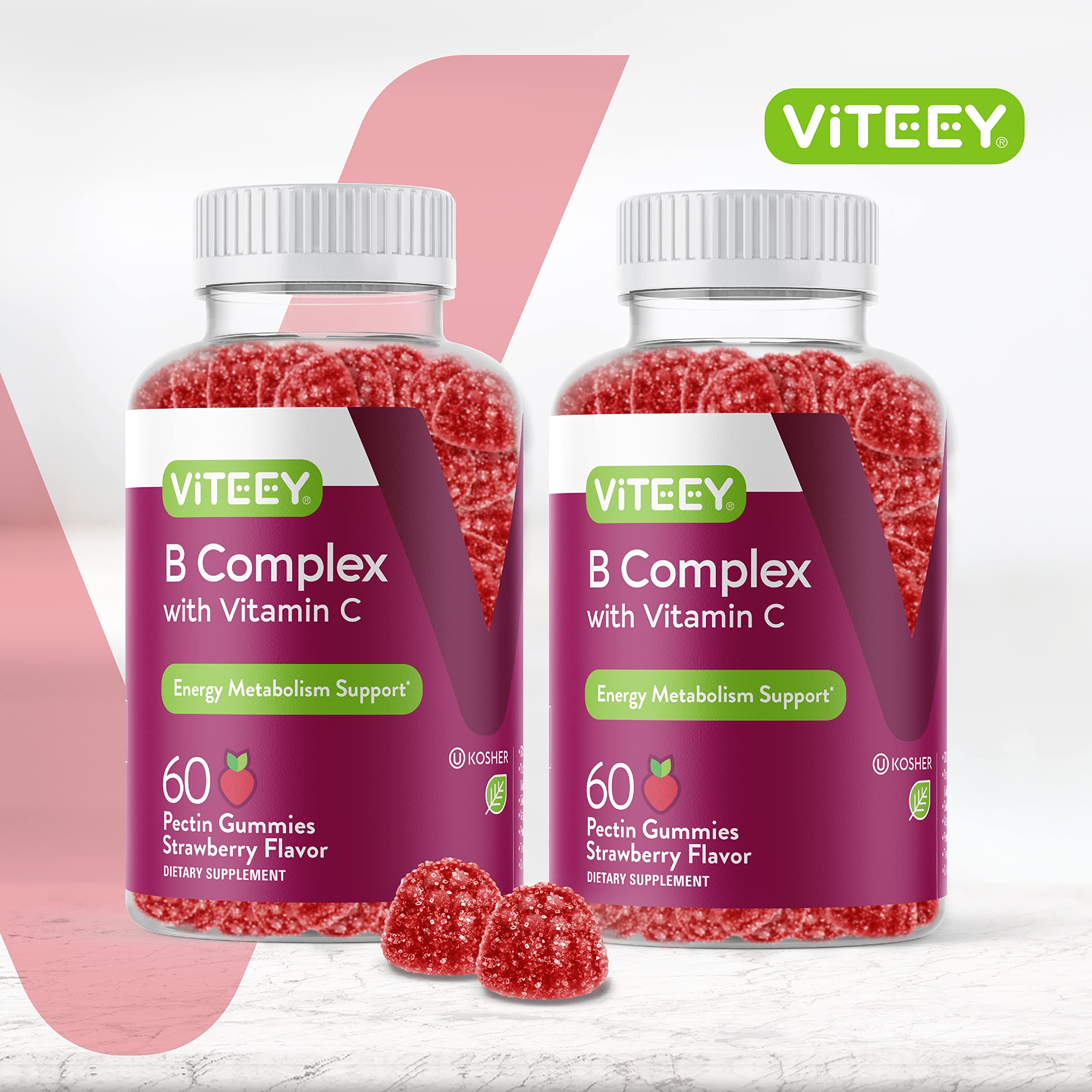 Vitamin B Complex Gummies for Adults with Vitamin C, B6, B12, Niacinamide, Folic Acid, Biotin, Calcium - Supports Energy & Metabolism - Vegan, Gluten Free, Gelatin Free - Chewable Strawberry Flavored