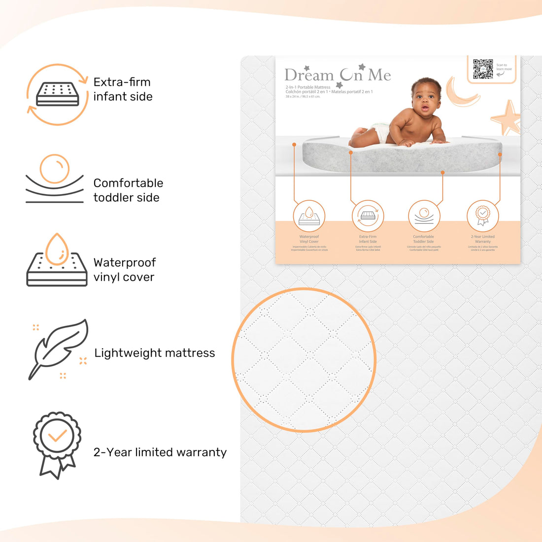 Dream On Me Sunset 3” Fiber Baby Crib Mattress, Fits All Mini & Portable Cribs Only, Greenguard Gold and JPMA Certified Crib Mattress, Easy to Clean and Waterproof Vinyl Cover