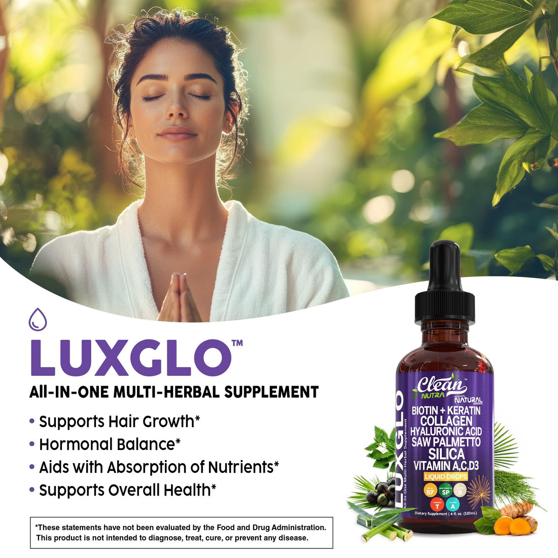 Biotin Liquid Drops Collagen Keratin Hyaluronic Acid Saw Palmetto for Hair Skin and Nails Silica Vitamin A C Vitamin D Bamboo Turmeric Zinc Folate Magnesium Horsetail LuxGlo by Clean Nutra