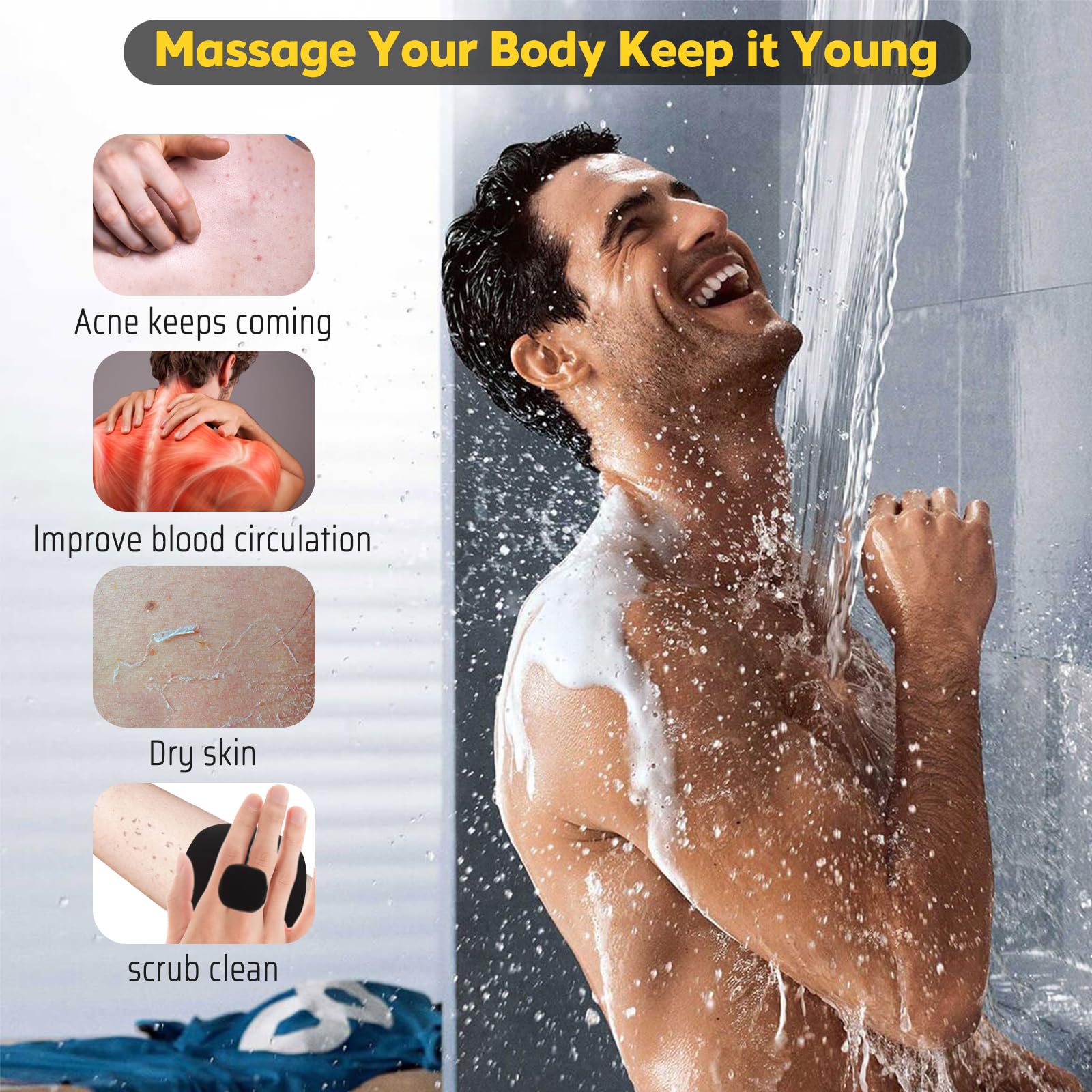 VWMYQ Silicone Body Scrubber Men, New Upgrade Richer Foam and Effective Cleaning, Premium Silicone Scrubber w/Ergonomic No-Slip Handle, Long-Lasting & Easy to Clean