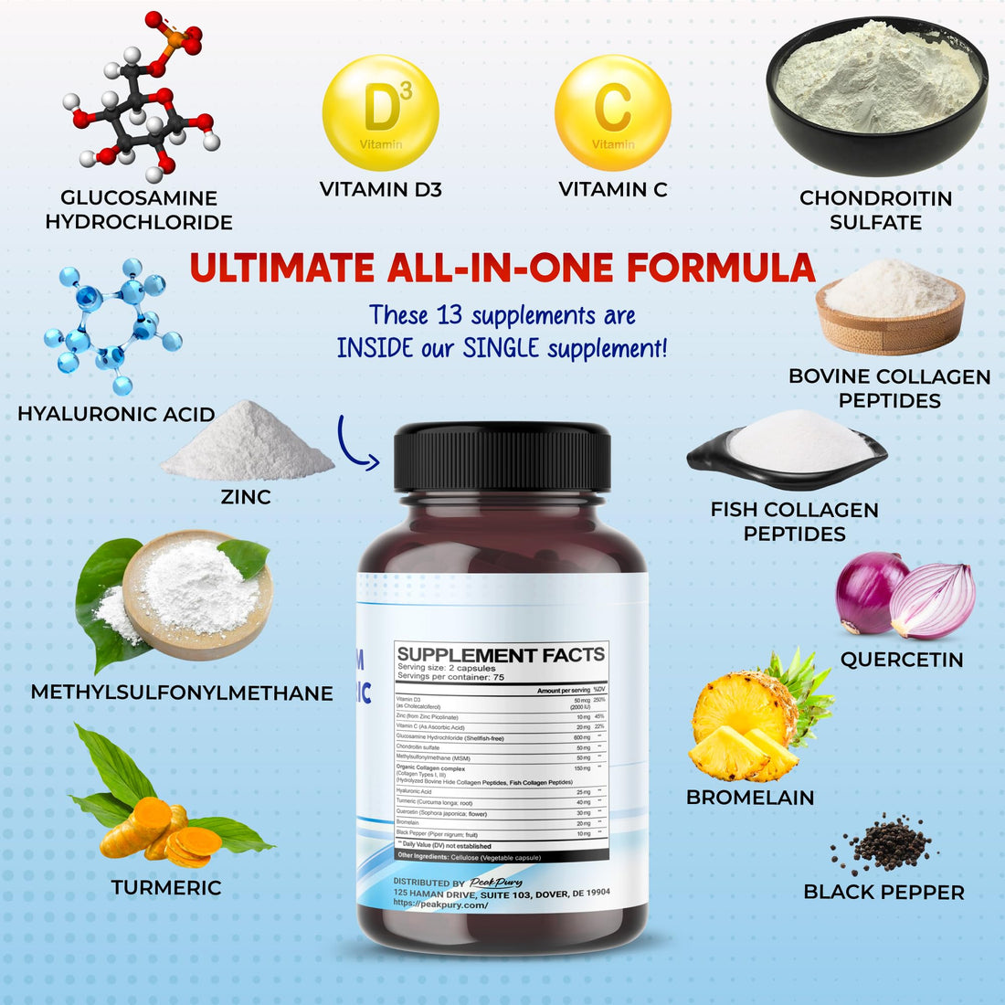 PEAKPURY Glucosamine Chondroitin MSM Collagen Turmeric - Joint Health Support- Made in USA