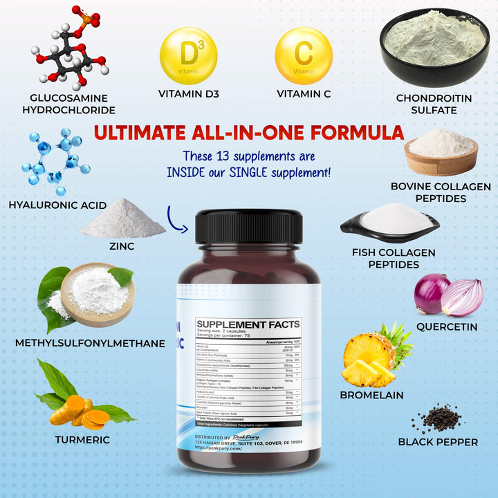 PEAKPURY Glucosamine Chondroitin MSM Collagen Turmeric - Joint Health Support- Made in USA