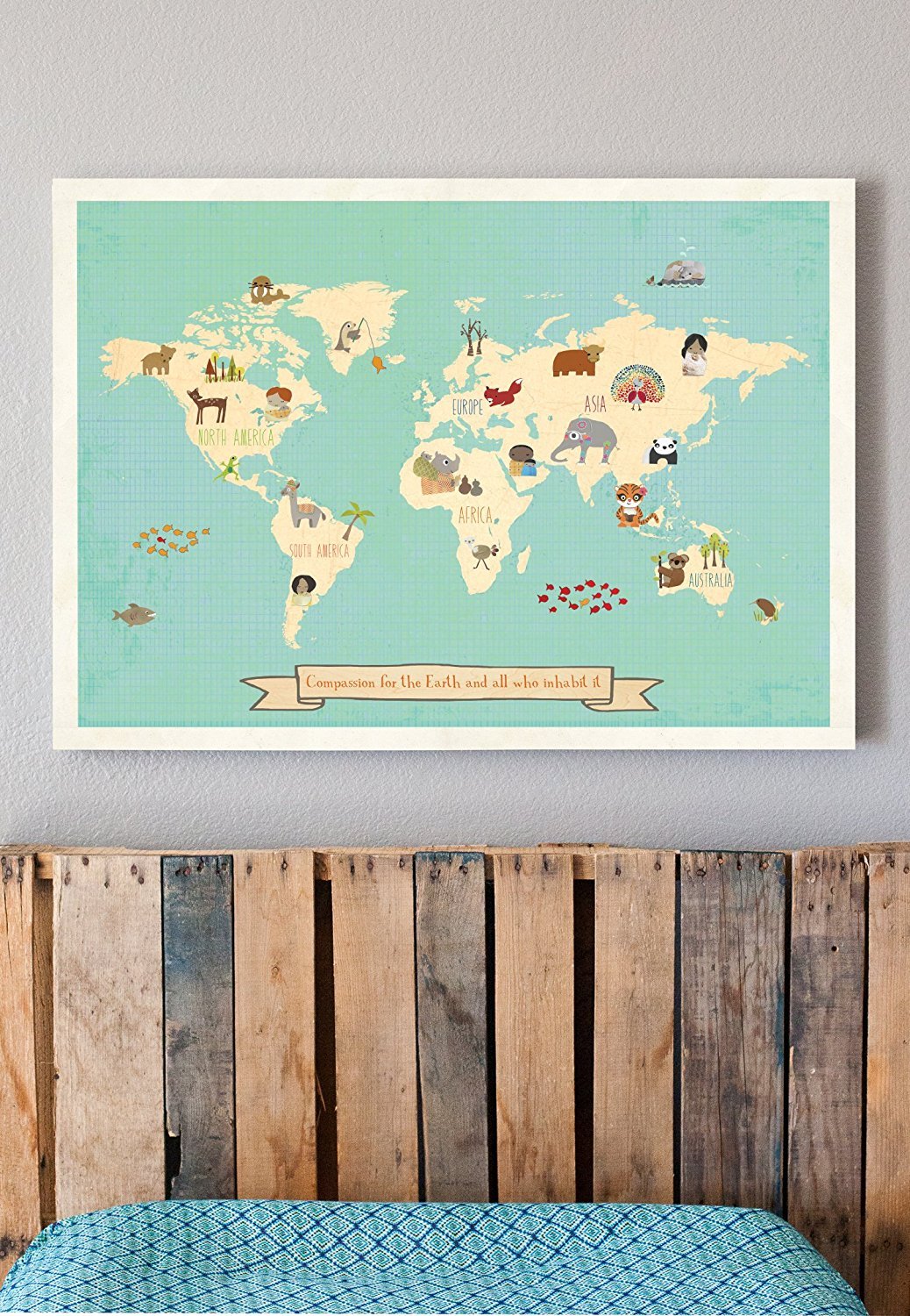Global Compassion World Map 16x20 Inch Print, Children's Wall Art Map, Kid's Animal World Map, Nursery Décor, Nature Themed Nursery, Nursery Wall Art, Kid's Art, Kid's