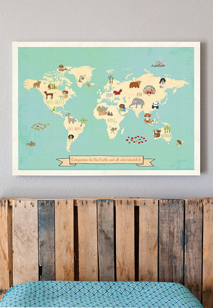 Global Compassion World Map 16x20 Inch Print, Children's Wall Art Map, Kid's Animal World Map, Nursery Décor, Nature Themed Nursery, Nursery Wall Art, Kid's Art, Kid's