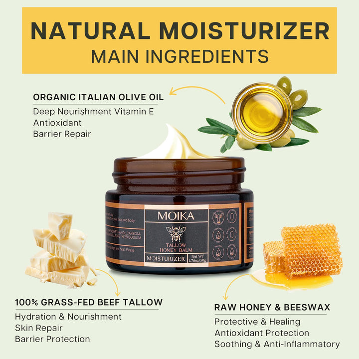 VRAIKO MOIKA Tallow and Honey Balm, Grass-Fed Beef Tallow Raw Honey Moisturizing Cream for Face and Body, Handmade Natural Moisturizer for Soft Smooth Skin, 50g/2 oz