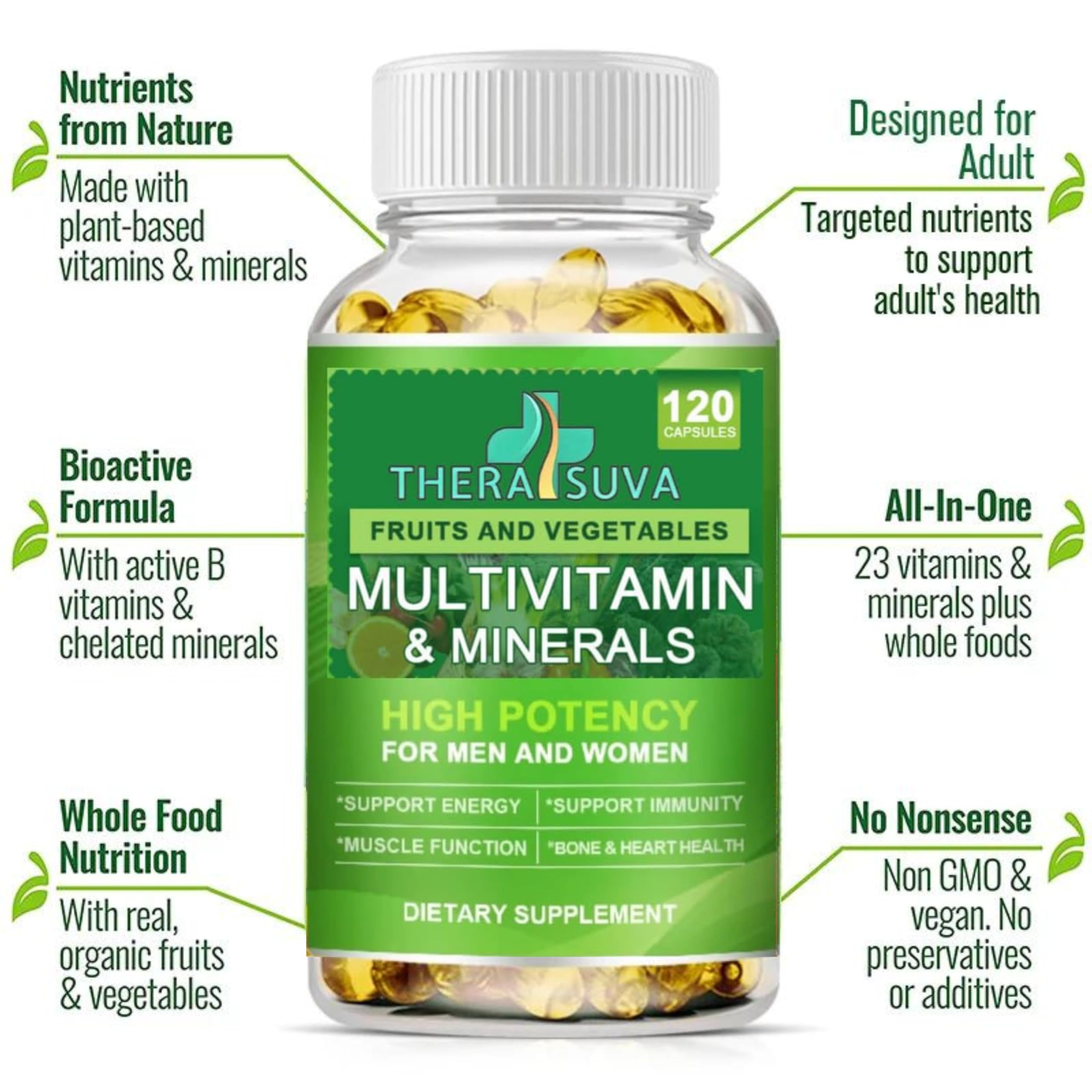 All Natural Multivitamins & Minerals + B Complex + Calcium + Magnesium + Zinc, 100% Vegan Sourced Whole Food Supplement, Complete Nutritional Support for Men & Women- 120 Capsules, 60 Day Supply