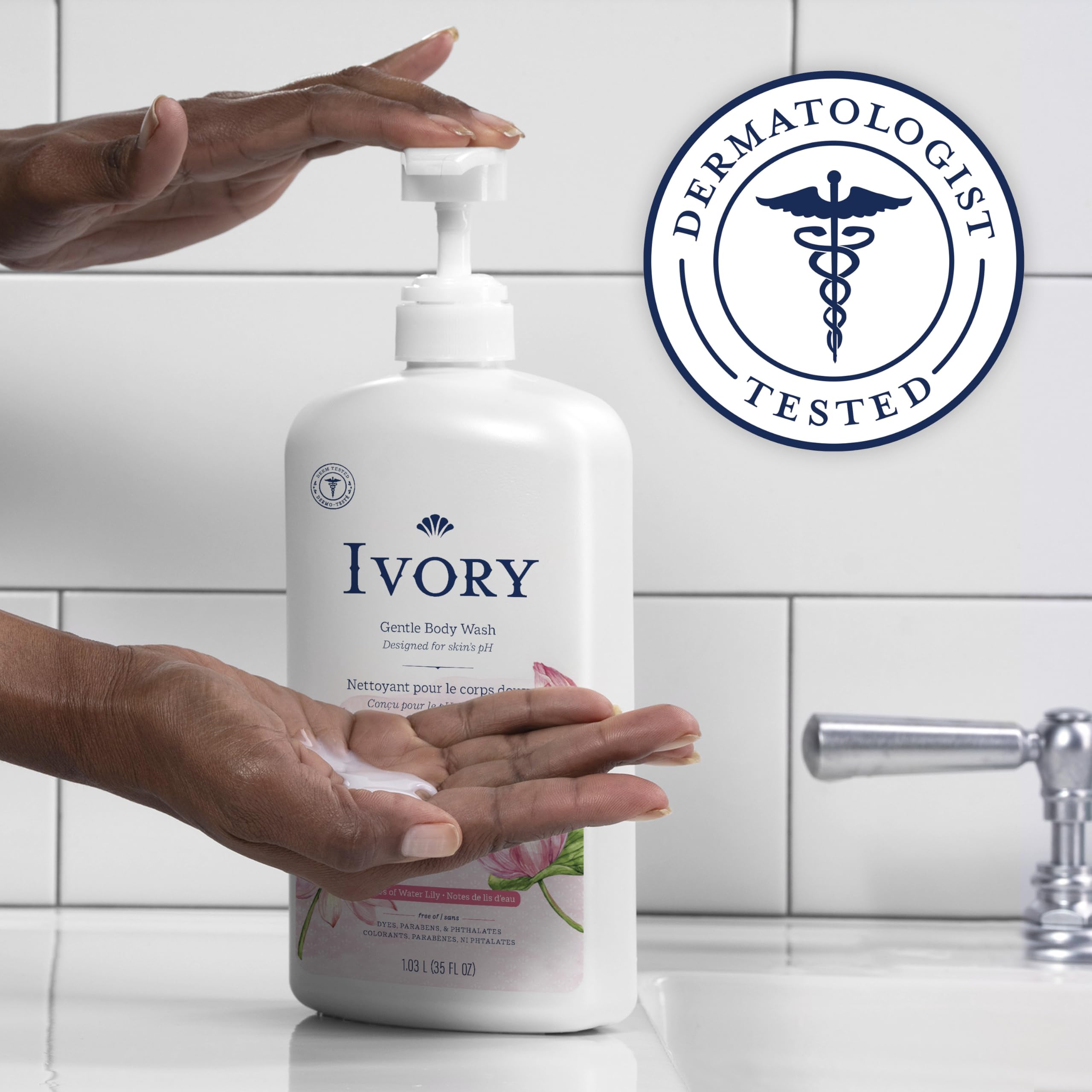 Ivory Body Wash, Designed for the Whole Family, Gentle Formula, Free of Dyes Heavy Perfumes Parabens Phthalates & Silicones, Water Lily Scent, 35 oz