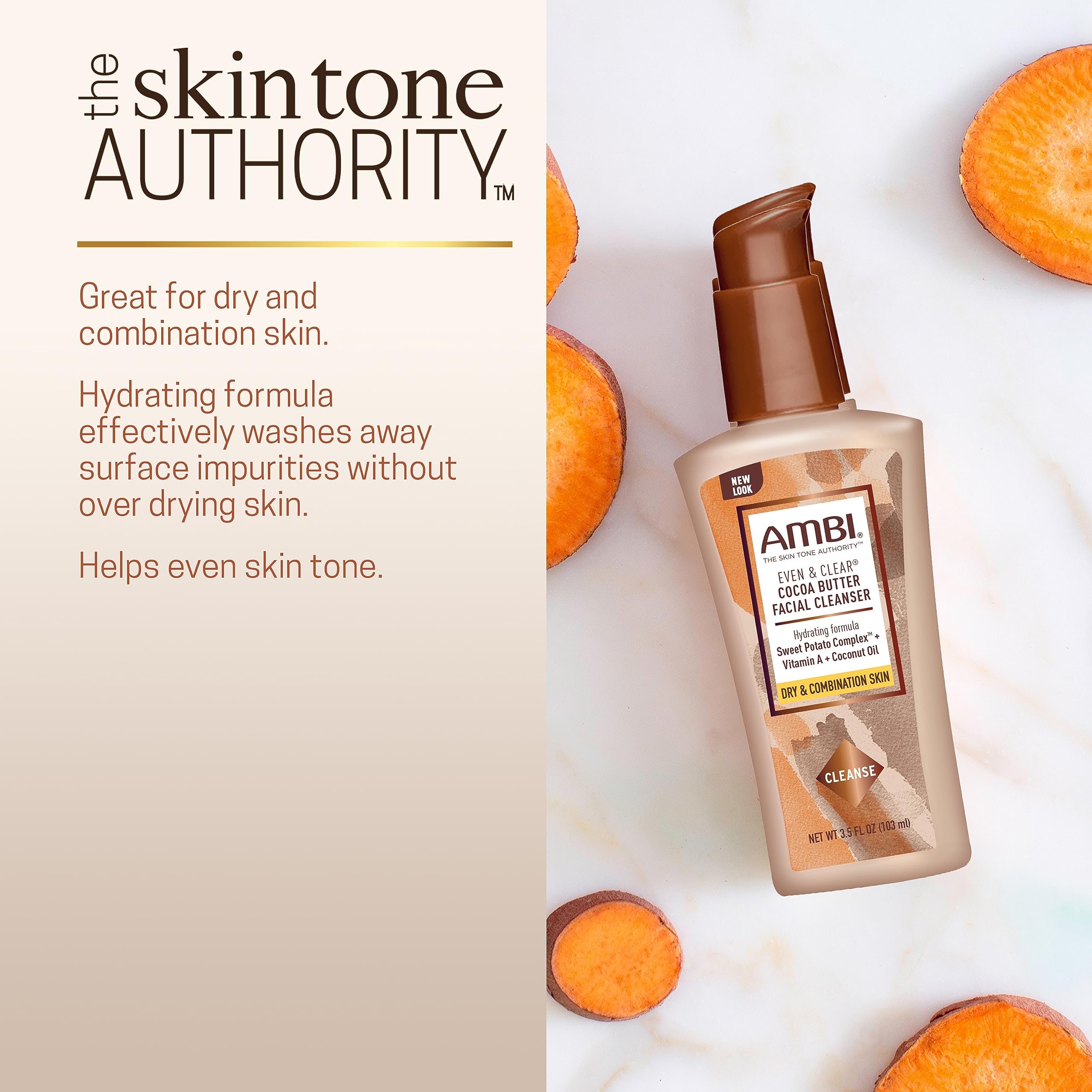 Ambi Even & Clear Cocoa Butter Facial Cleanser With Nutrient-Rich Sweet Potato Complex | Hydrating Formula | Helps Even Skin Tone | 3.5 Ounce