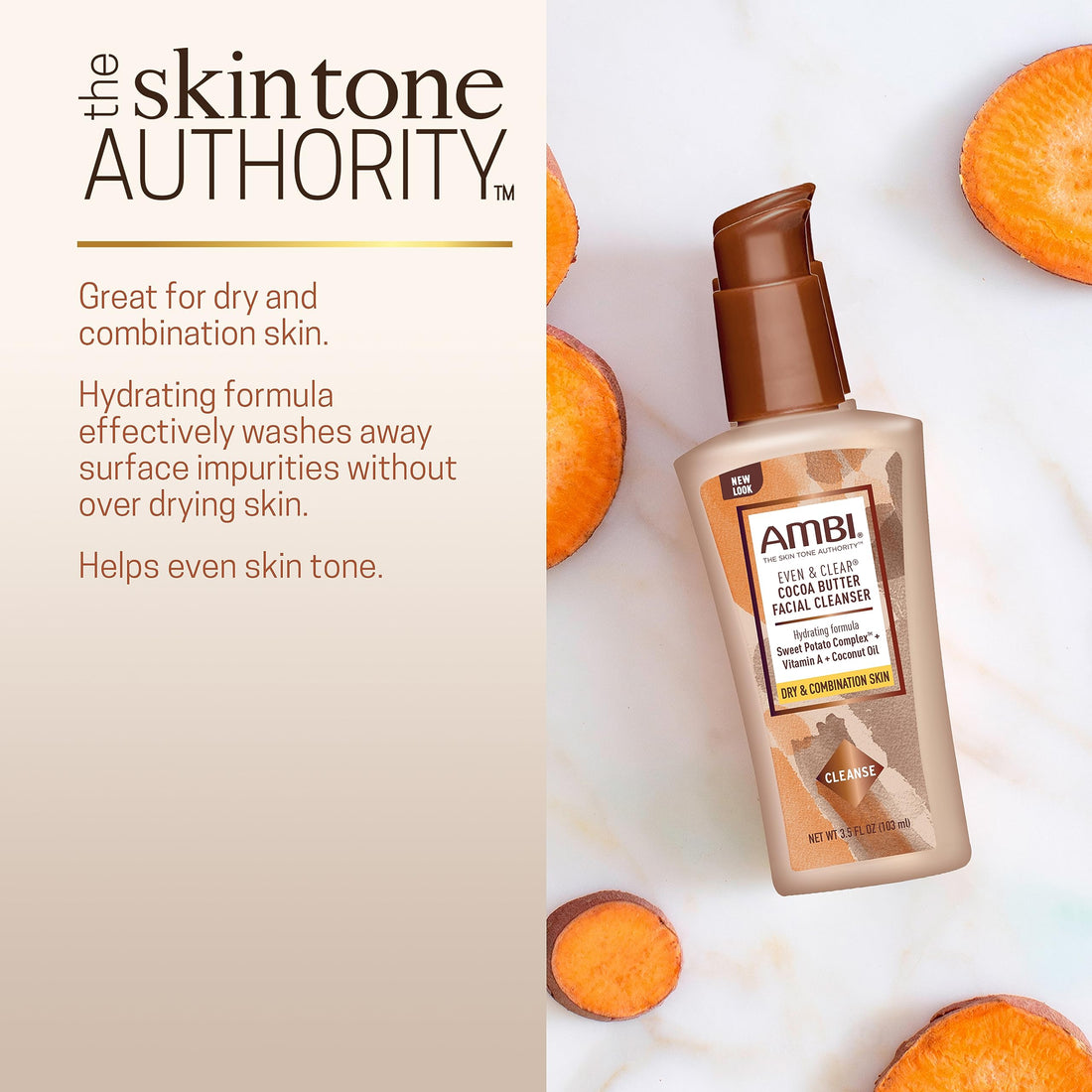 Ambi Even & Clear Cocoa Butter Facial Cleanser With Nutrient-Rich Sweet Potato Complex | Hydrating Formula | Helps Even Skin Tone | 3.5 Ounce
