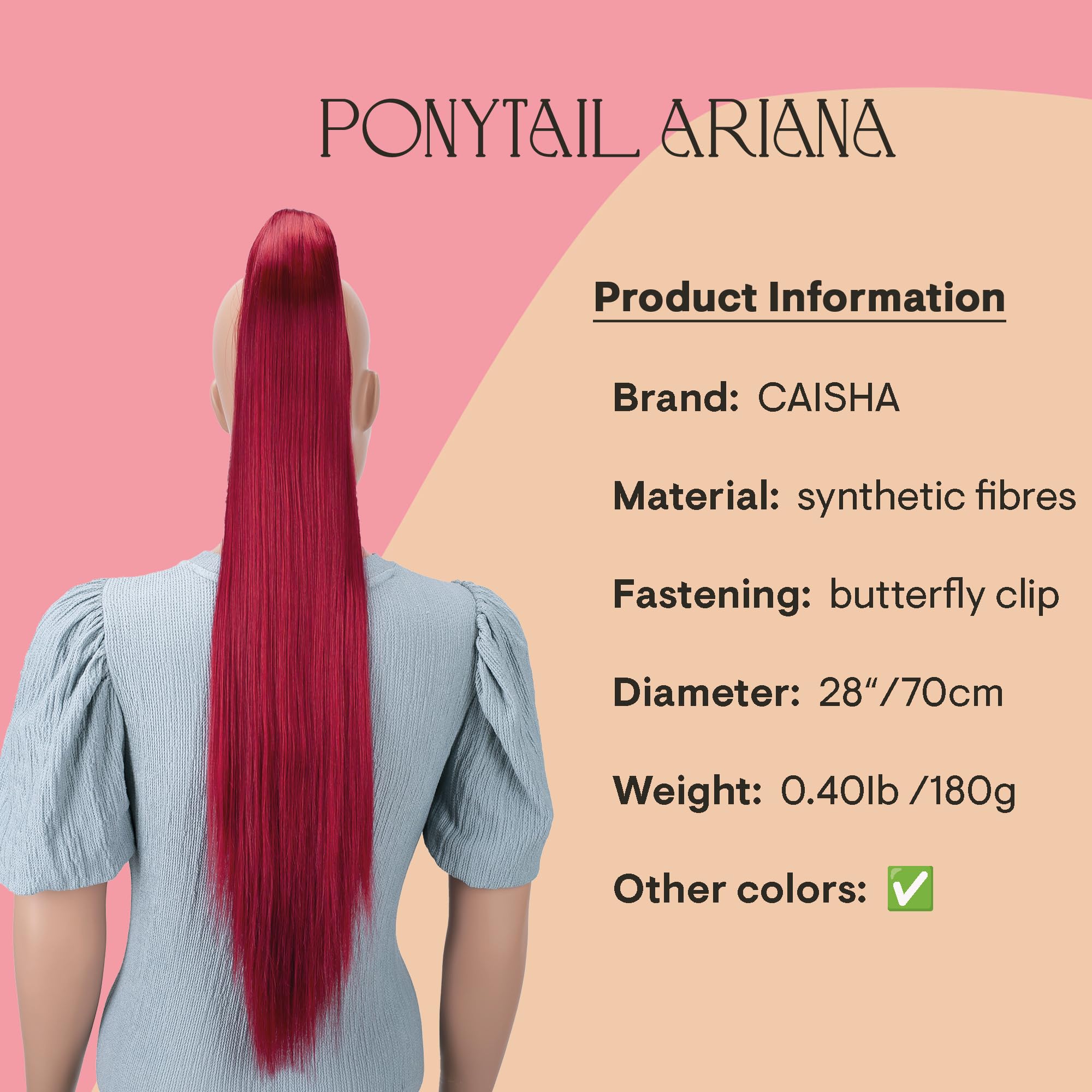 27 (70cm) red # 3100 H100 : PRETTYSHOP 27 Hairpiece Ponytail Clip on Extension Long hair smooth Heat-Resisting H100