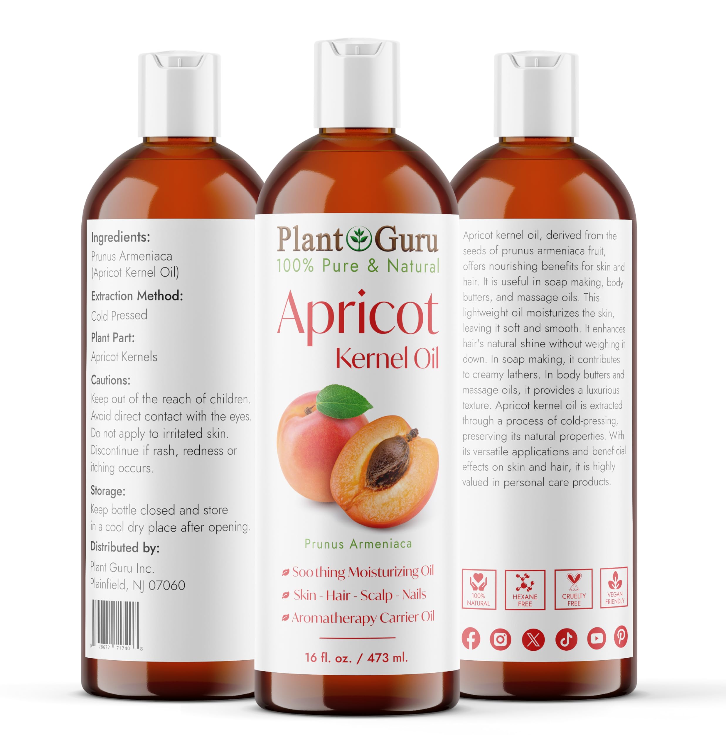 Apricot Kernel Oil 16 fl. oz. Cold Pressed 100% Pure Natural Carrier - Skin, Face, Body And Hair Growth Moisturizer. Great For DYI Cream, Lotions and Lip balm.