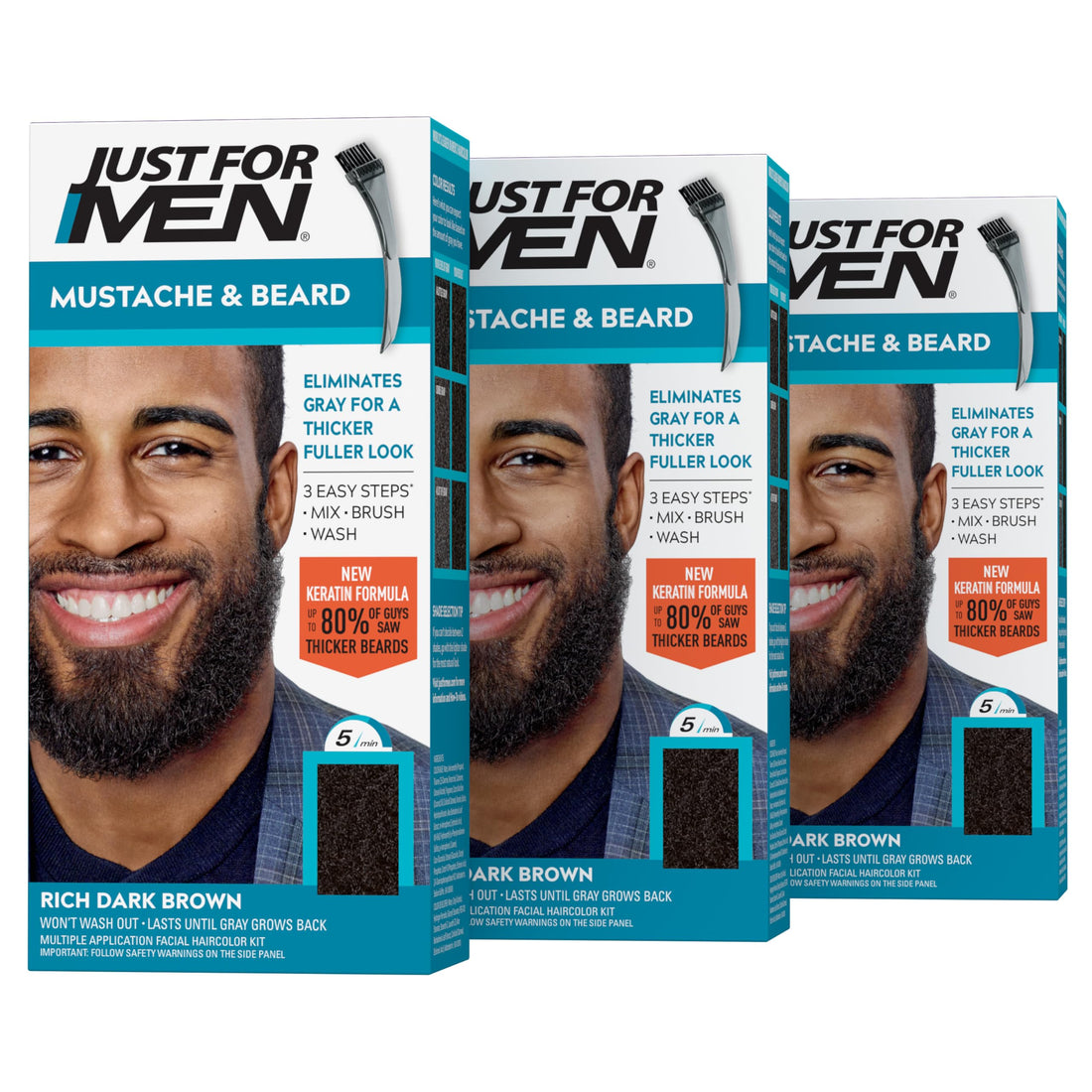 Just For Men Mustache & Beard, Beard Dye for Men with Brush Included, With Keratin Biotin Aloe and Coconut Oil for Healthy Facial Hair - Rich Dark Brown, M-47, Pack of 3 (Packaging May Vary)