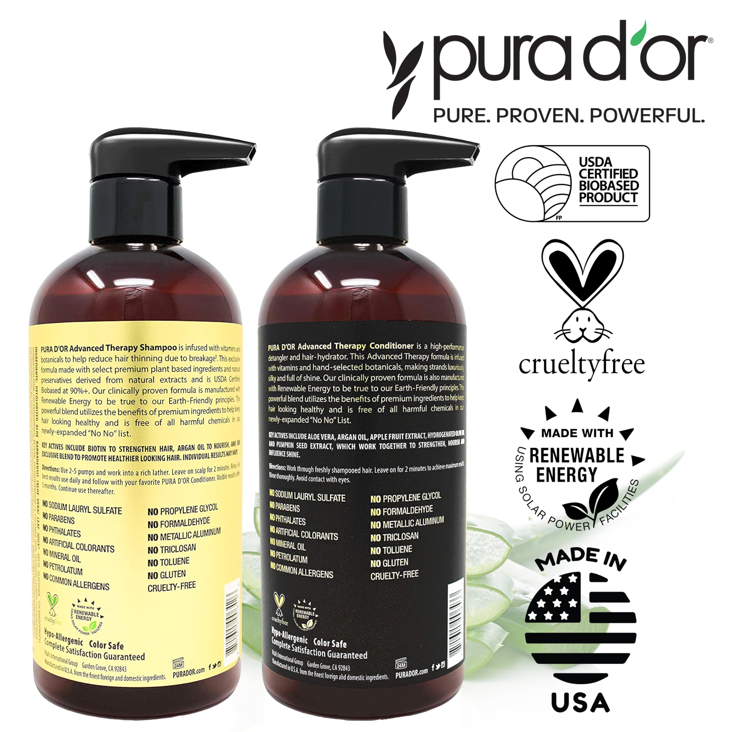 PURA D'OR Advanced Therapy Biotin Shampoo & Conditioner Hair Care Set For Hair Thinning, CLINICALLY TESTED Effective Results, Herbal Hair Thickening Products For Women & Men, 16oz x2
