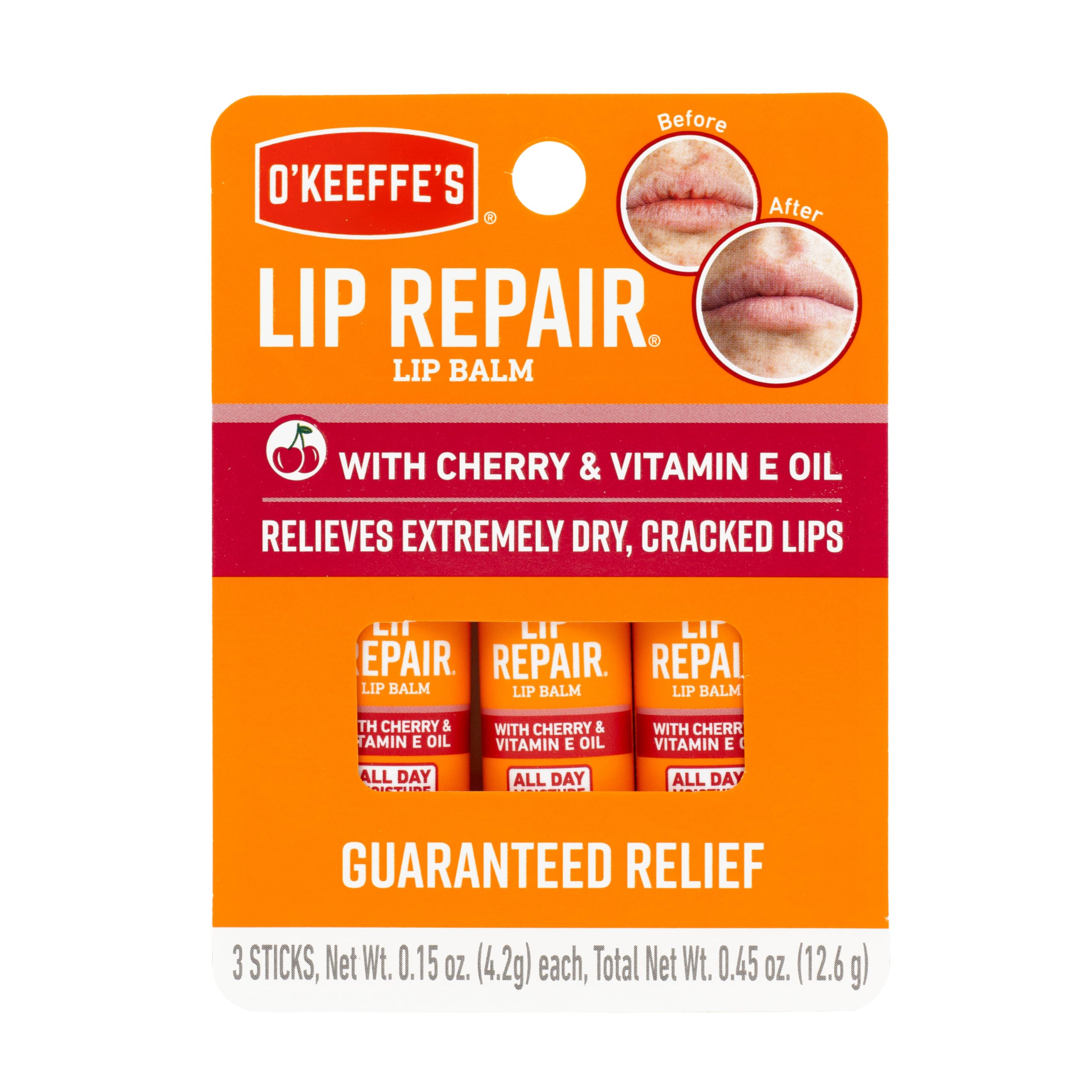 O'Keeffe's Lip Repair Lip Balm with Cherry & Vitamin E Oil - Stick (3 Pack) - Moisturizer for Extremely Cracked, Dry Lips