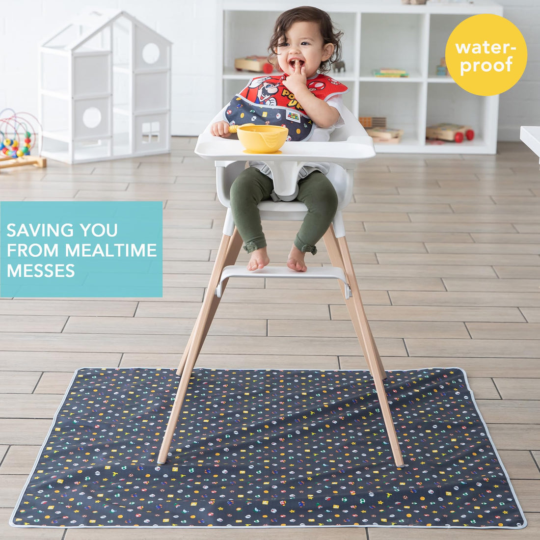 Bumkins Baby Splat Mat for Under High Chair, Babies Toddlers Eating Mess Mat, Waterproof Reusable Cloth for Arts and Crafts, Playtime Mat for Kids, Floor or Table, 42inx42in, Nintendo Super Mario