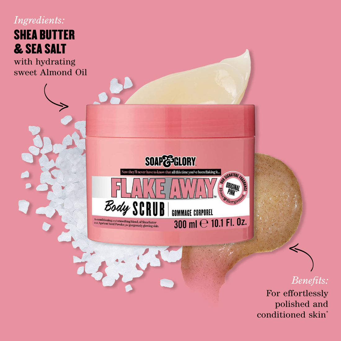 Soap & Glory Original Pink Flake Away Exfoliating Body Scrub - Smoothing & Buffing Vegan Body Scrub - Floral Scented Body Polish with Shea Butter, Sea Salt & Sweet Almond Oil (300ml)