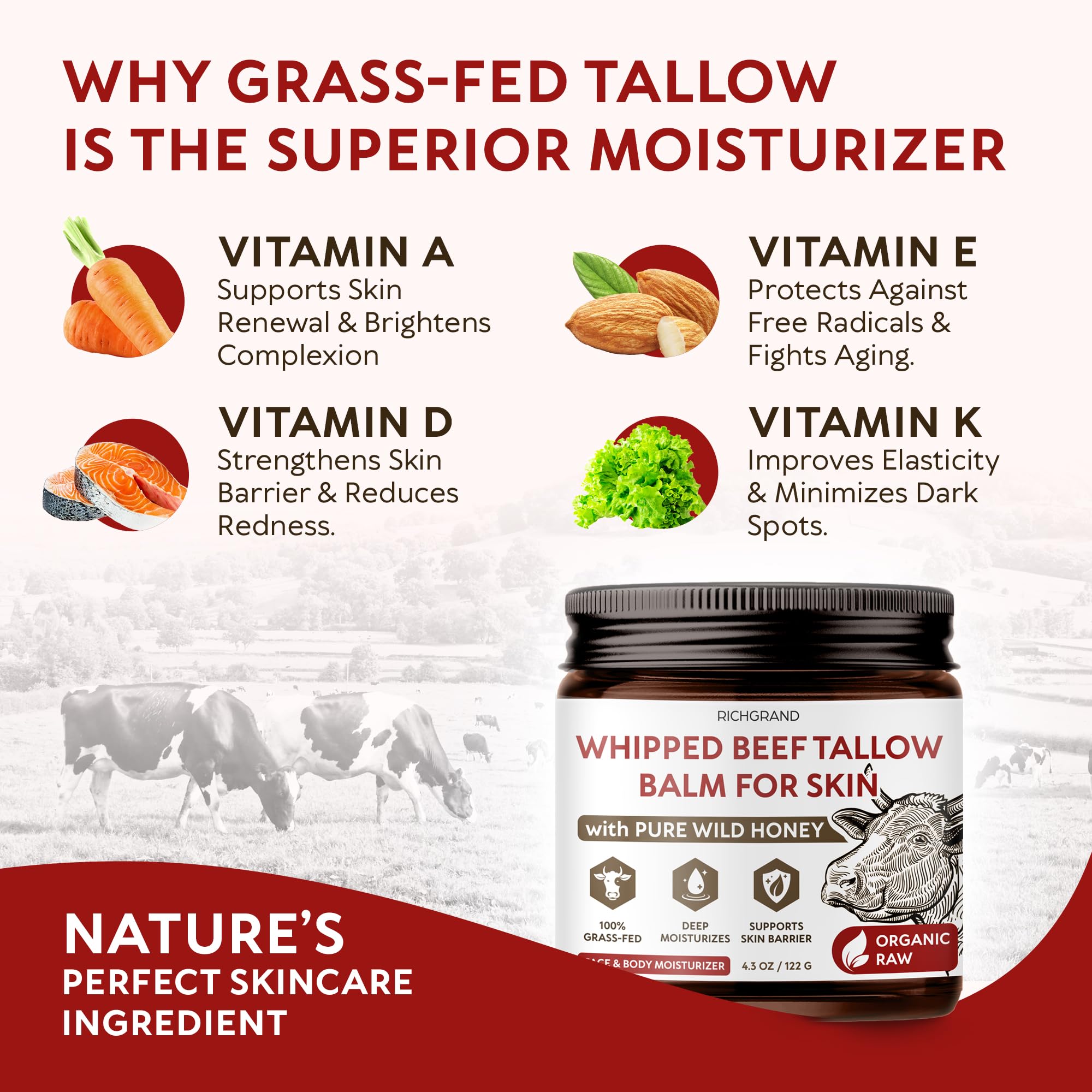 RICHGRAND Beef Tallow for Skin - Whipped Grass-Fed Moisturizer with Wild Honey & Beeswax, Natural Face & Body Care, Deep Hydration, Anti-Aging, Sensitive Skin Safe, 100% Organic Balm