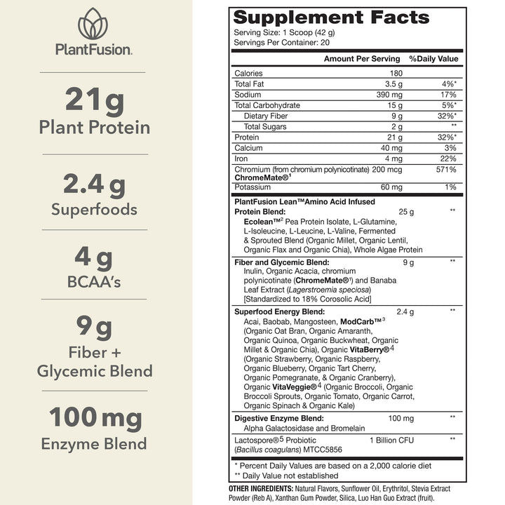 PlantFusion Complete Lean Plant Based Protein Powder - Prebiotic Fiber, Superfoods & Digestive Enzymes - Vegan, Gluten Free, Soy Free, Non-GMO - Vanilla 1.85 lb