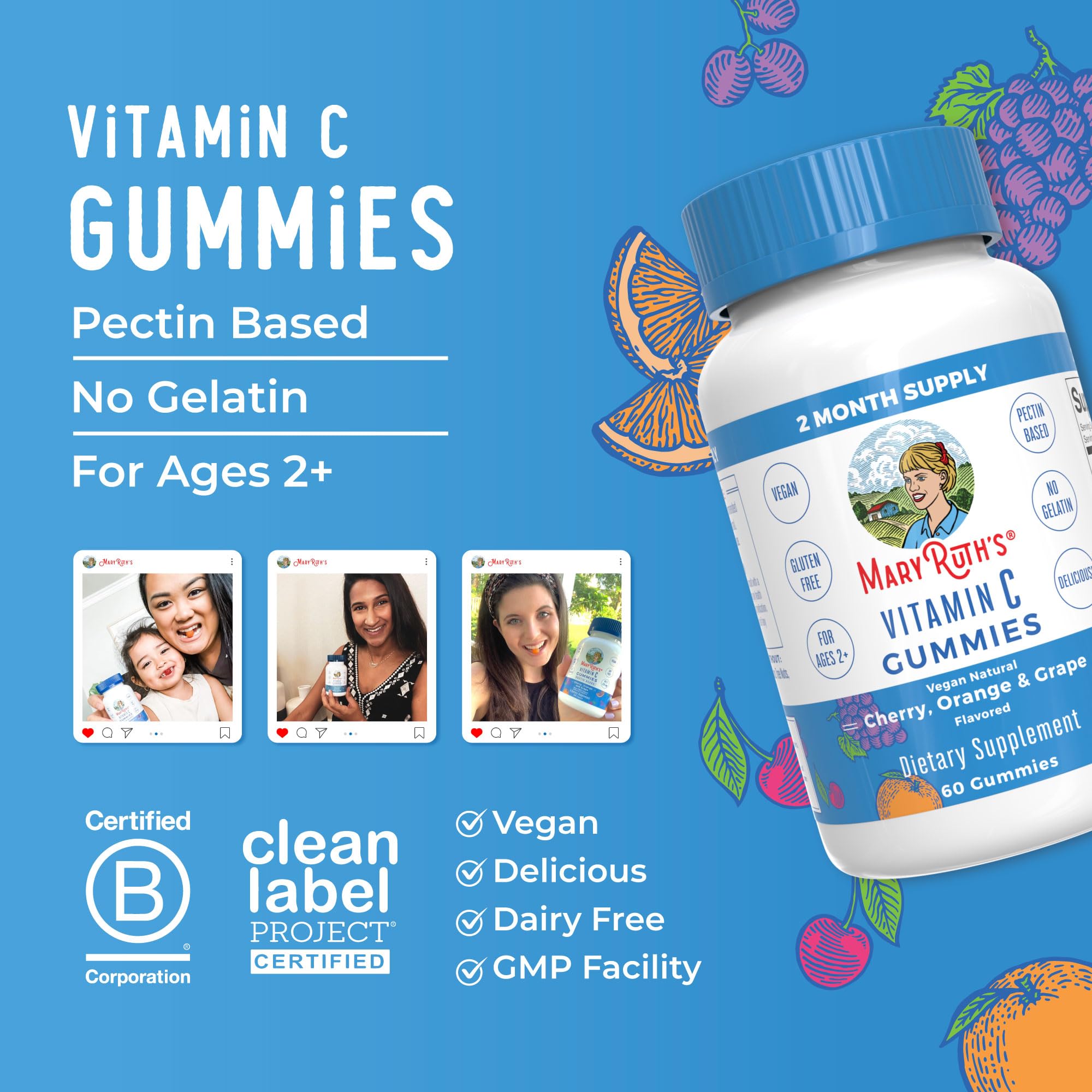 MaryRuth Organics Vegan Vitamin C Gummies | 2 Month Supply | Immune Support Supplement | Adults & Kids Vitamin C | Chewable Vitamin C Gummy Vitamins | Non GMO | Pectin Based | 60 Count