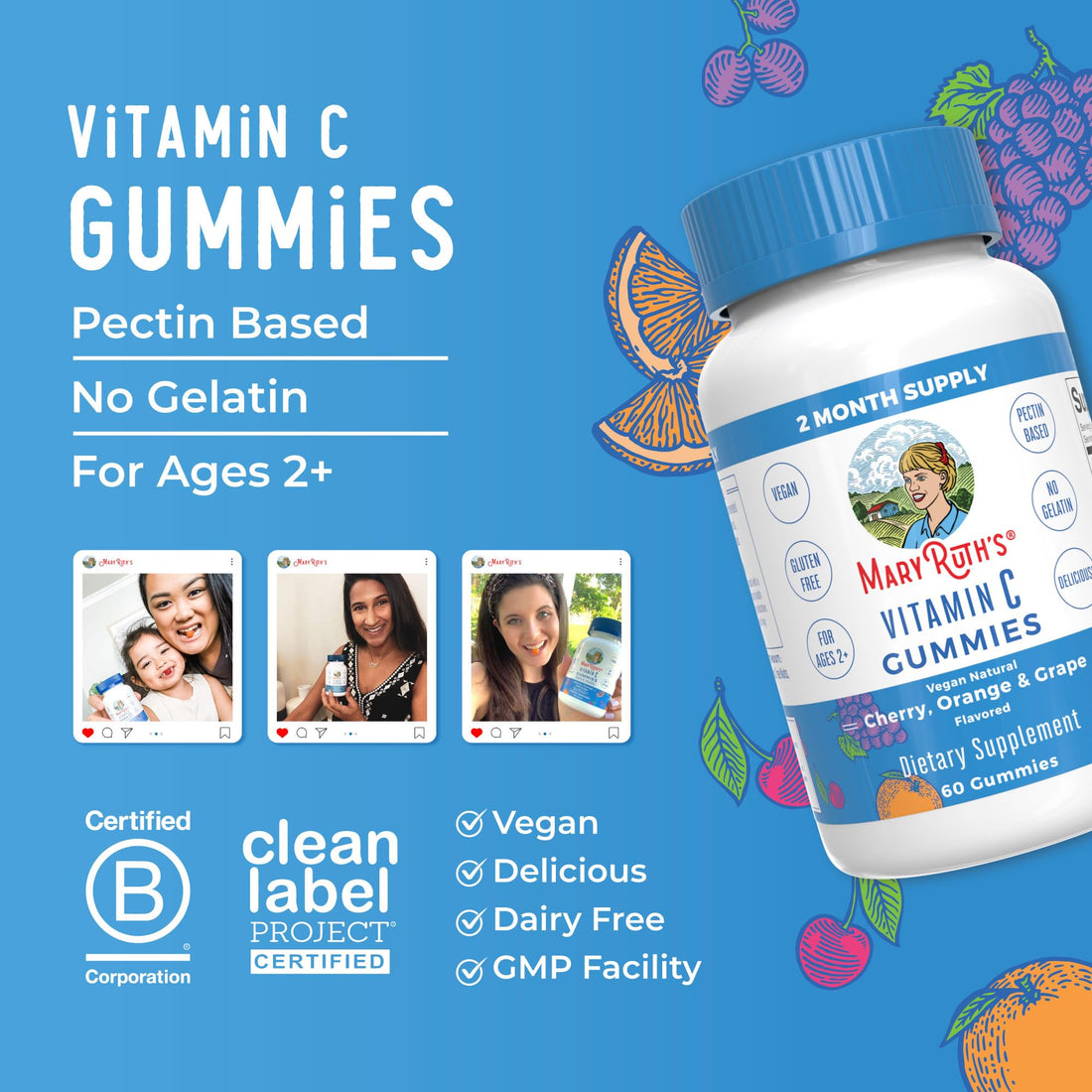 MaryRuth Organics Vegan Vitamin C Gummies | 2 Month Supply | Immune Support Supplement | Adults & Kids Vitamin C | Chewable Vitamin C Gummy Vitamins | Non GMO | Pectin Based | 60 Count