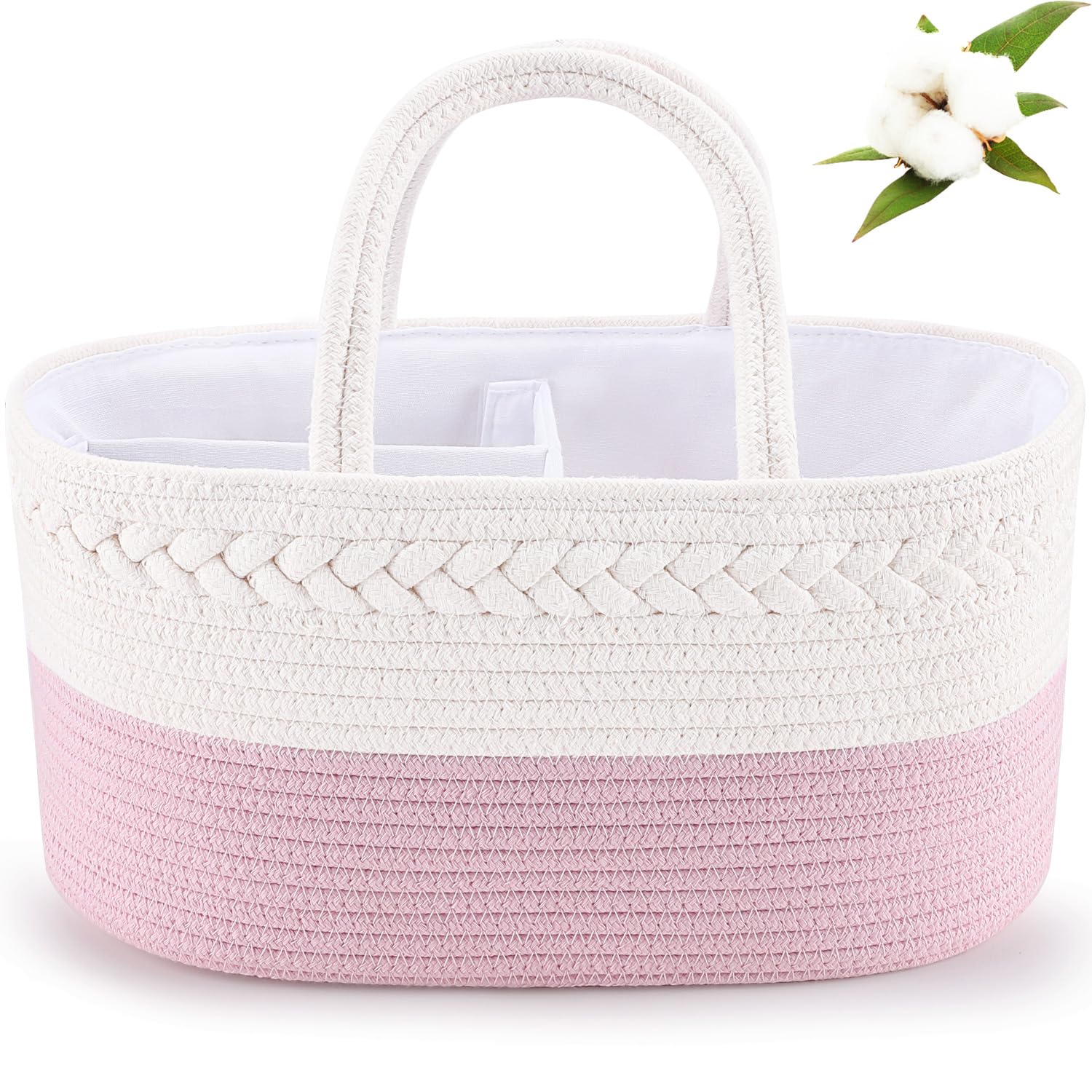 ABenkle Diaper Caddy Organizer - Cotton Rope Nursery Storage Basket for Baby Essentials, Boys & Girls Shower Gift, Changing Table Organizer, Pink