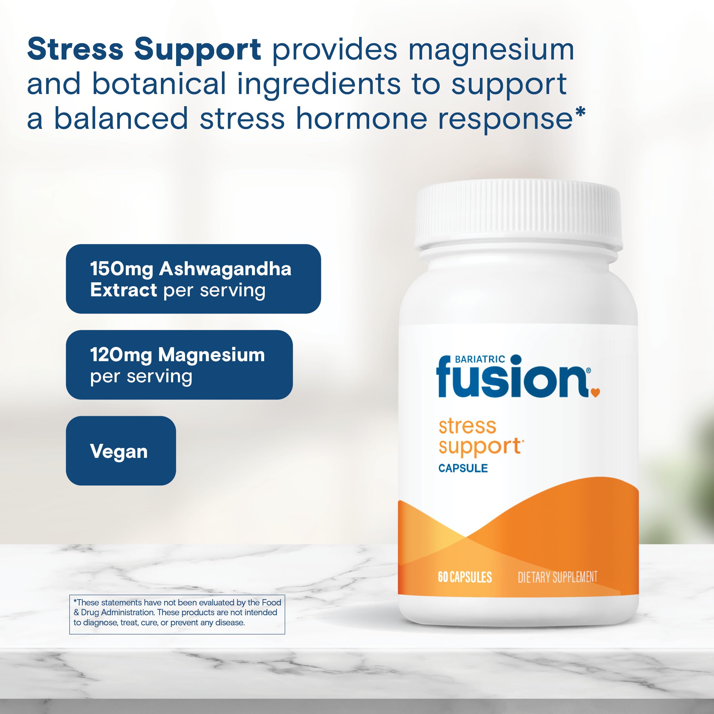 Bariatric Fusion Stress Support* | Vegan Supplement with Magnesium and Ashwagandha | Daily Vitamin for Women and Men | Gluten, Dairy and Soy Free | Non-GMO | 60 Capsules