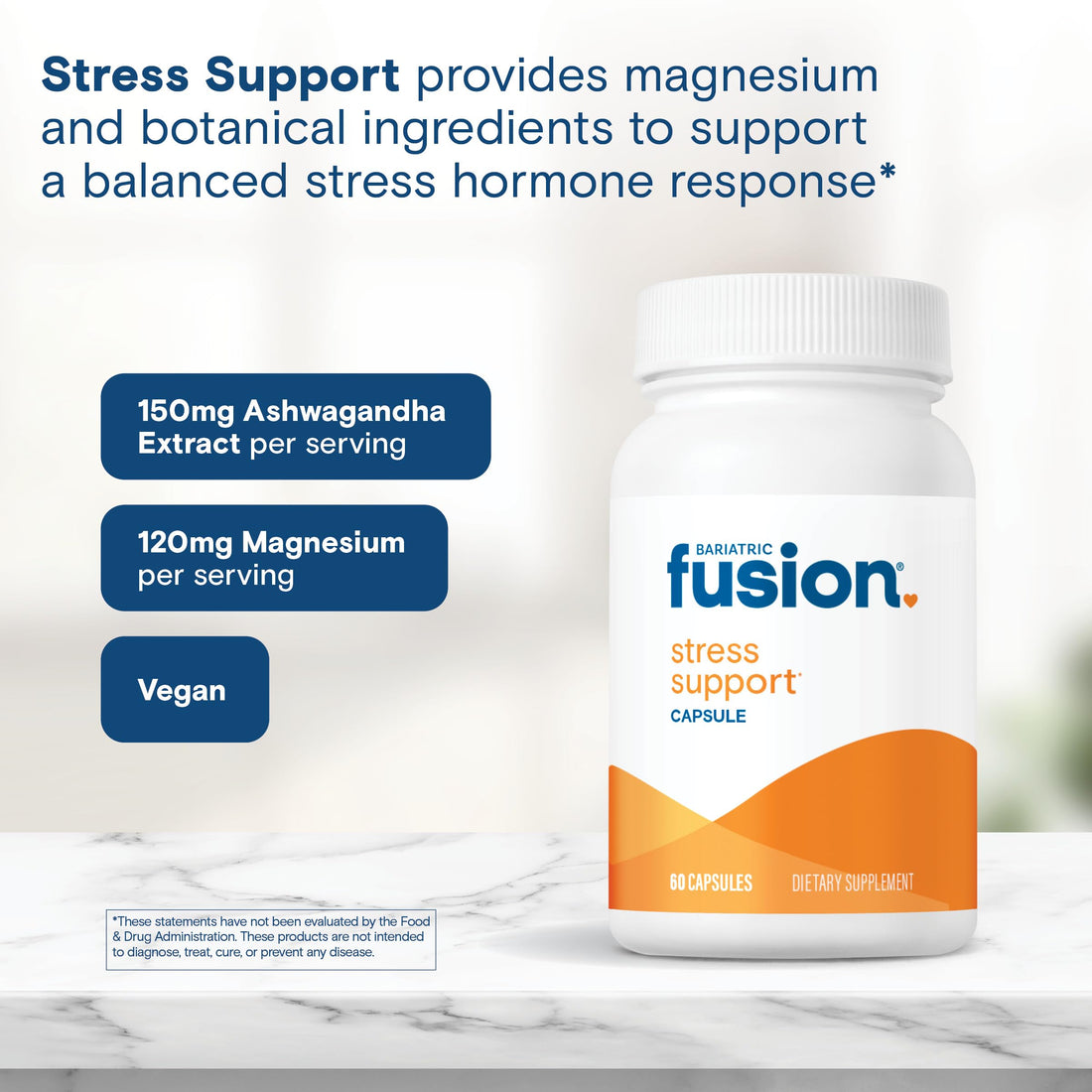 Bariatric Fusion Stress Support* | Vegan Supplement with Magnesium and Ashwagandha | Daily Vitamin for Women and Men | Gluten, Dairy and Soy Free | Non-GMO | 60 Capsules