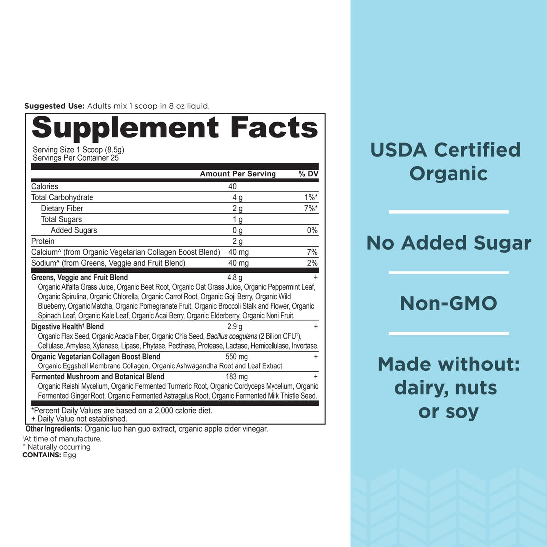 Ancient Nutrition Supergreens Powder, Organic Superfood Powder with Collagen, Made from Real Fruits, Vegetables and Herbs, for Digestive and Energy Support, 25 Servings, 7.5oz