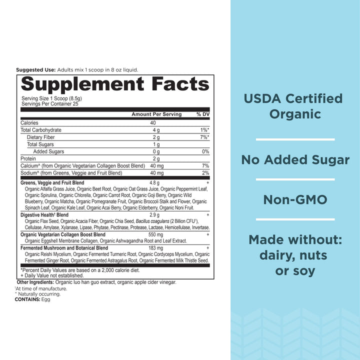 Ancient Nutrition Supergreens Powder, Organic Superfood Powder with Collagen, Made from Real Fruits, Vegetables and Herbs, for Digestive and Energy Support, 25 Servings, 7.5oz