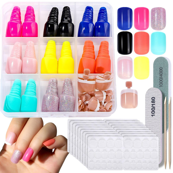 Teenitor 9 Colors 15 Sizes Press On Nails Kit, 240pcs Short Square Fake Nails and 30pcs French Tips Press On Toenail Nails for Women with Nail Adhesive Tabs Mini Nail File