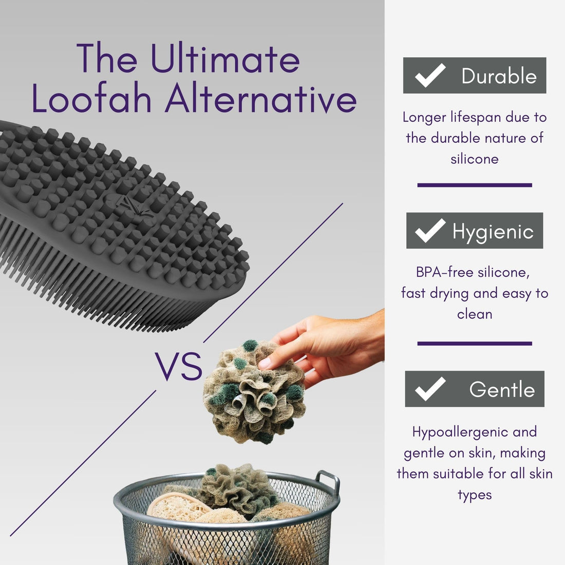 Avilana Silicone Exfoliating Body Scrubber – Dual-Sided Silicone Loofah for Shower, Body Scrubber for Men & Women, Gentle Loofa Alternative, Easy-to-Clean Silicone Body Scrubber(Dark Gray with Silver)