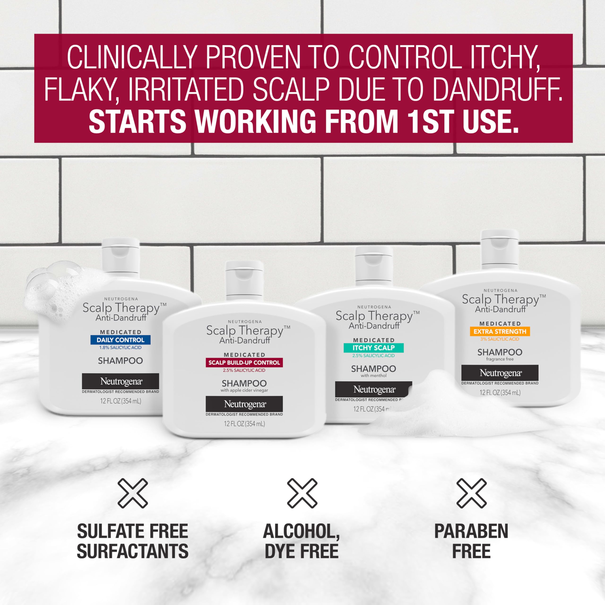 Neutrogena Scalp Therapy Anti-Dandruff Shampoo for Scalp Build-up Control, 2.5% salicylic acid, with Apple Cider Vinegar Fragrance, 12 fl oz