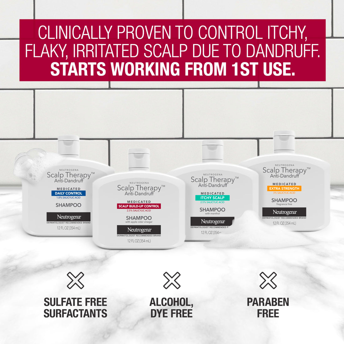 Neutrogena Scalp Therapy Anti-Dandruff Shampoo for Scalp Build-up Control, 2.5% salicylic acid, with Apple Cider Vinegar Fragrance, 12 fl oz