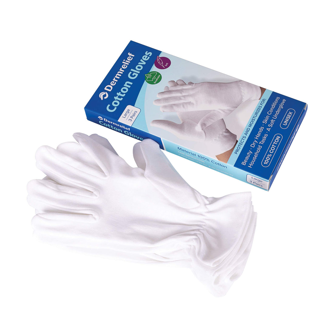 Dermrelief Cotton Gloves - for Beauty, Dry Hands, Eczema, Dermatitis and Psoriasis (Large, 3 Pairs)