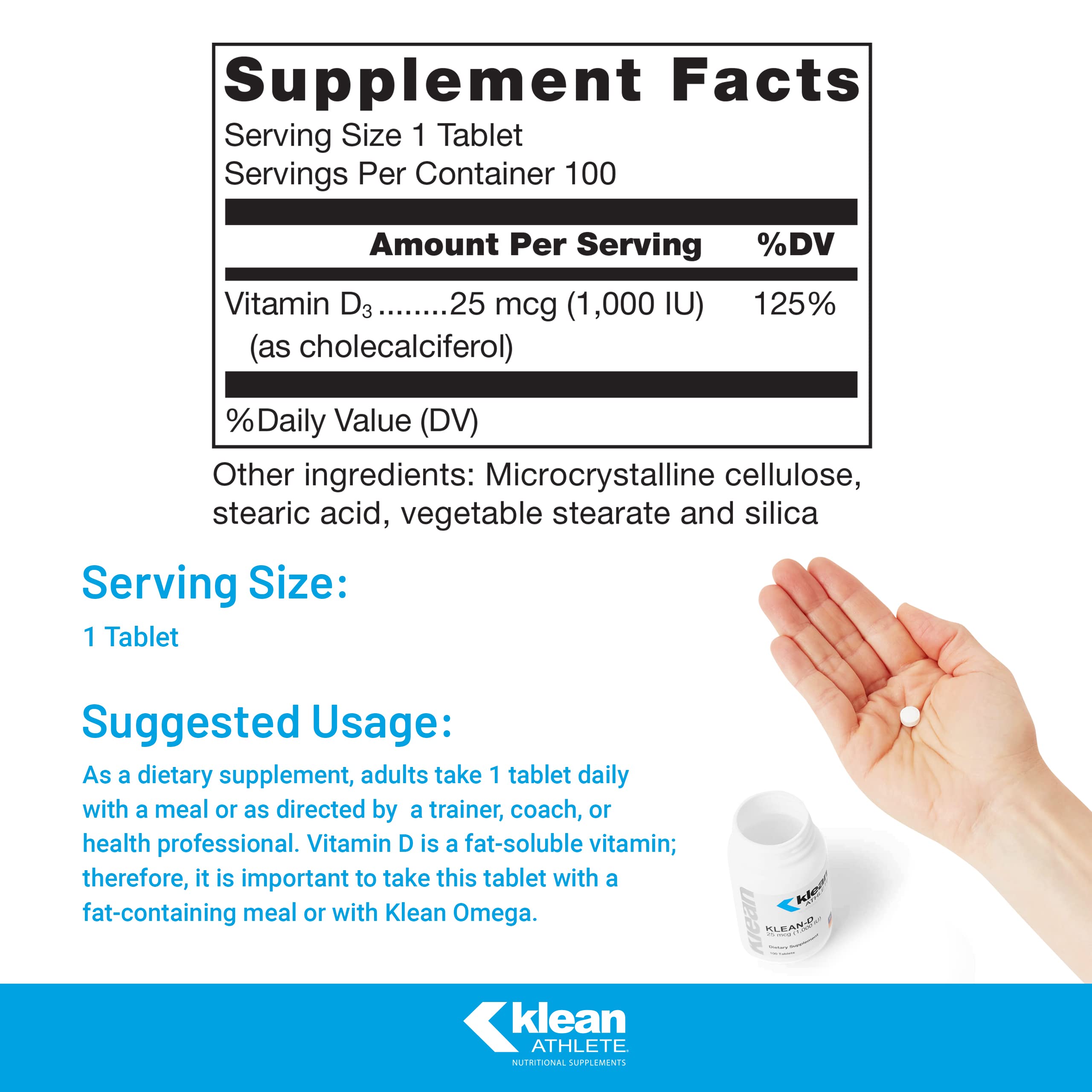 Klean ATHLETE Klean-D 25 mcg (1,000 IU) | Targeted Support When The Body Can't Produce Vitamin D Naturally | NSF Certified for Sport | 100 Tablets