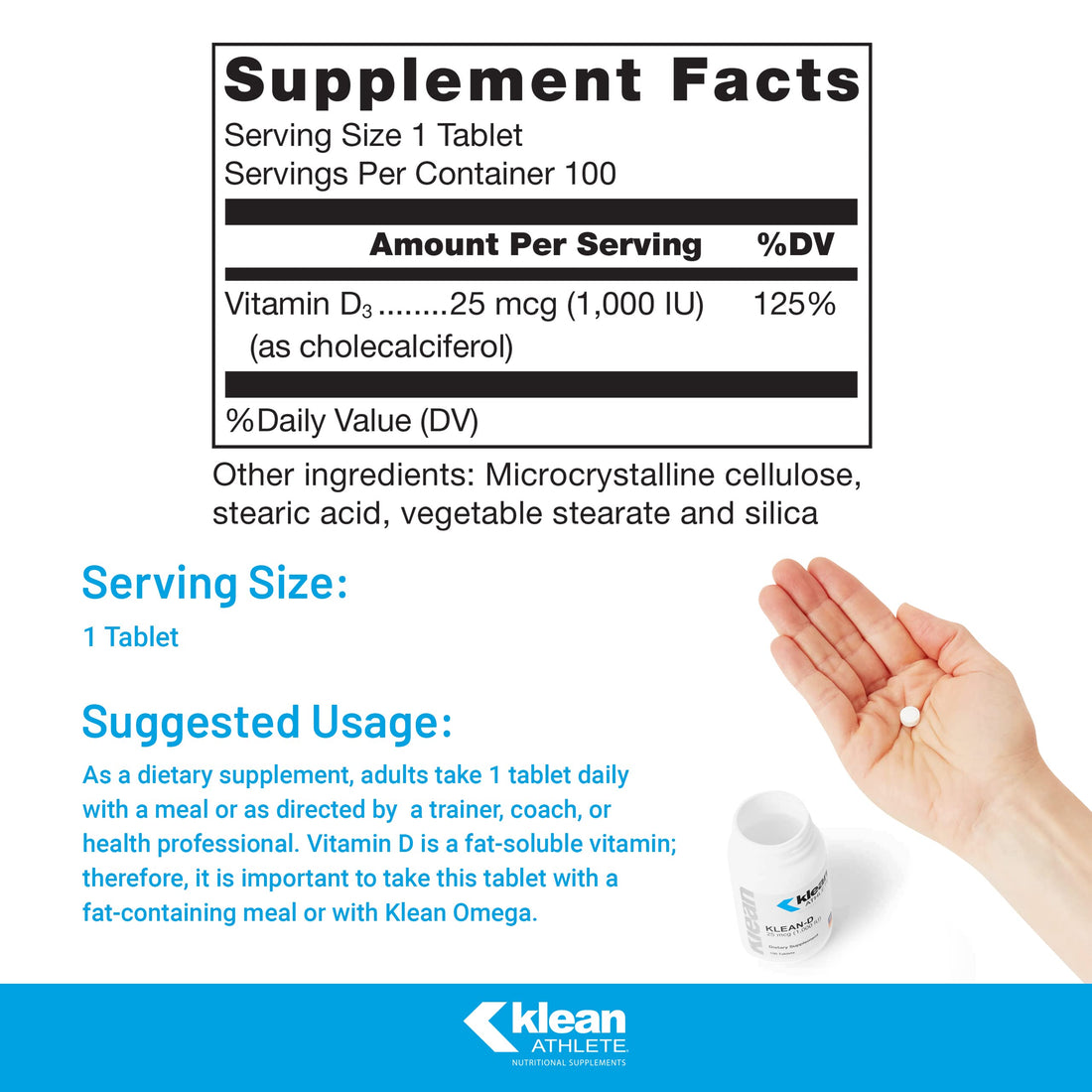 Klean ATHLETE Klean-D 25 mcg (1,000 IU) | Targeted Support When The Body Can't Produce Vitamin D Naturally | NSF Certified for Sport | 100 Tablets