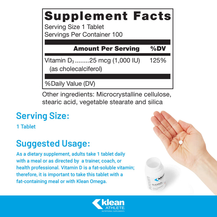 Klean ATHLETE Klean-D 25 mcg (1,000 IU) | Targeted Support When The Body Can't Produce Vitamin D Naturally | NSF Certified for Sport | 100 Tablets