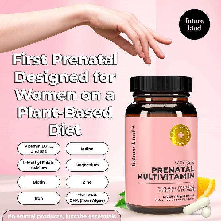 Future Kind Vegan Prenatal Vitamin with DHA & L-Methylfolate in Glass Bottle - Prenatal Folate Supplement for Women with Vitamin D & E, Iron & Biotin - Gluten-Free, Non-GMO (60ct)