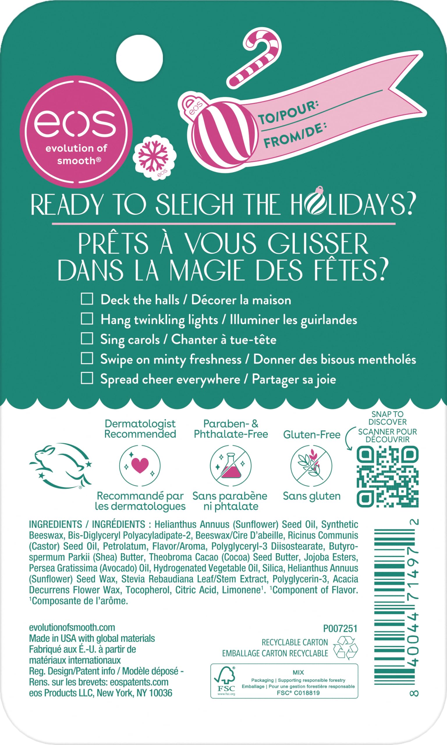 eos Holiday 24H Moisture Super Balm, Candy Cane Swirl, Limited Edition, Stocking Stuffers, Holiday Lip Mask, 0.35 fl oz