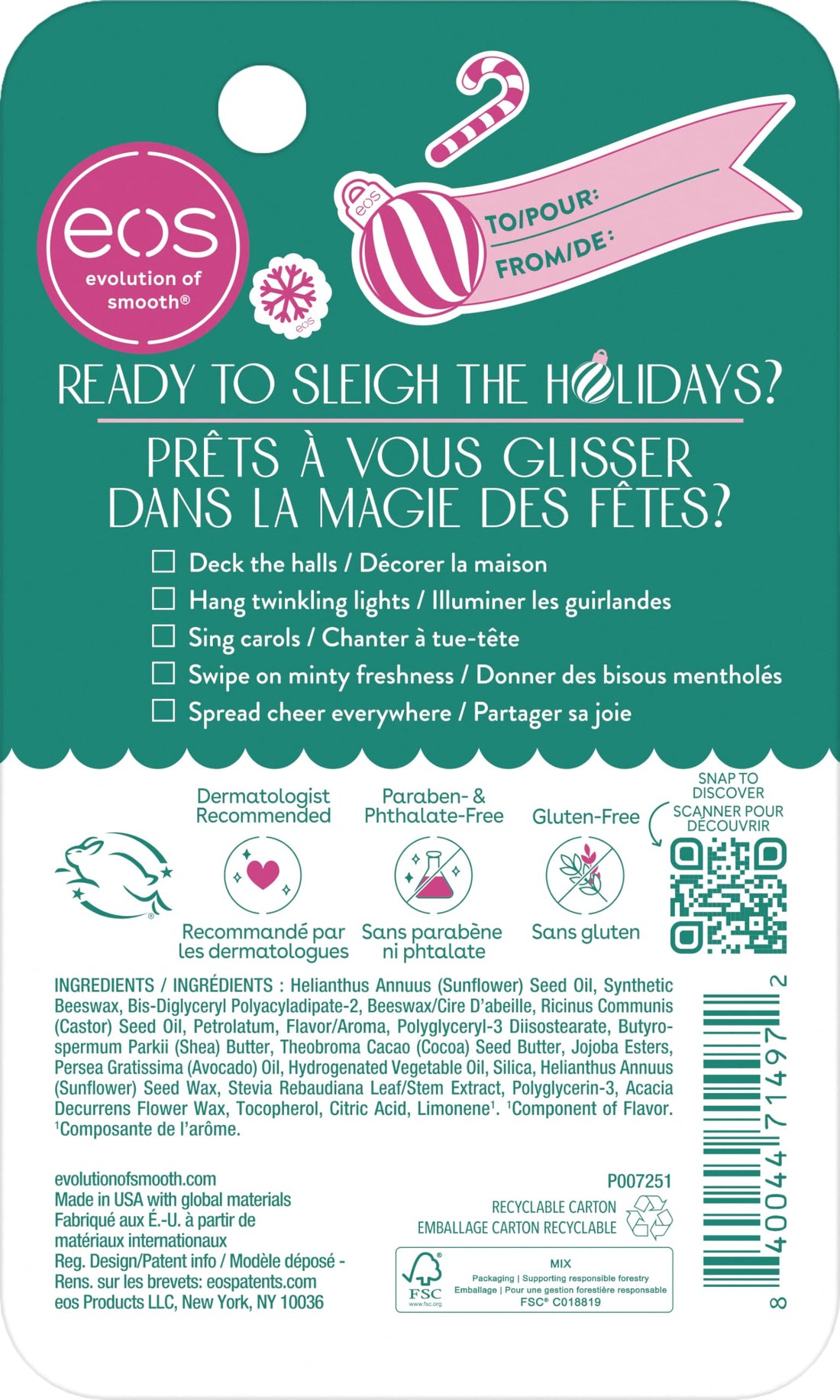 eos Holiday 24H Moisture Super Balm, Candy Cane Swirl, Limited Edition, Stocking Stuffers, Holiday Lip Mask, 0.35 fl oz