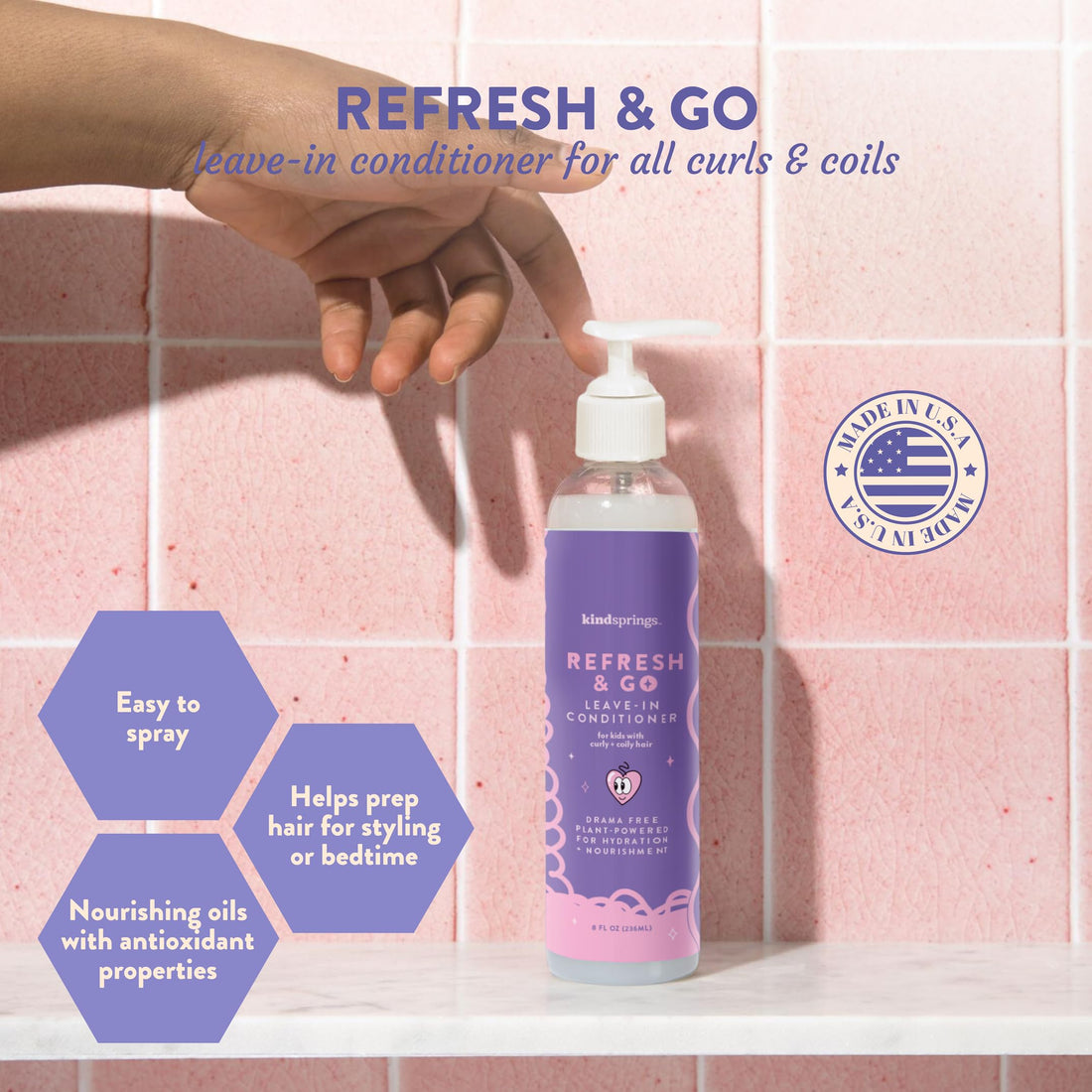 kindsprings Leave-In Conditioner and Detangler For Kids, Curly and Coily Hair. Multi-Use, Ultra-Hydrating, Styling Prep Cream, Refresh and Go Nourishing and Detangling Conditioner. 8 Fl Oz