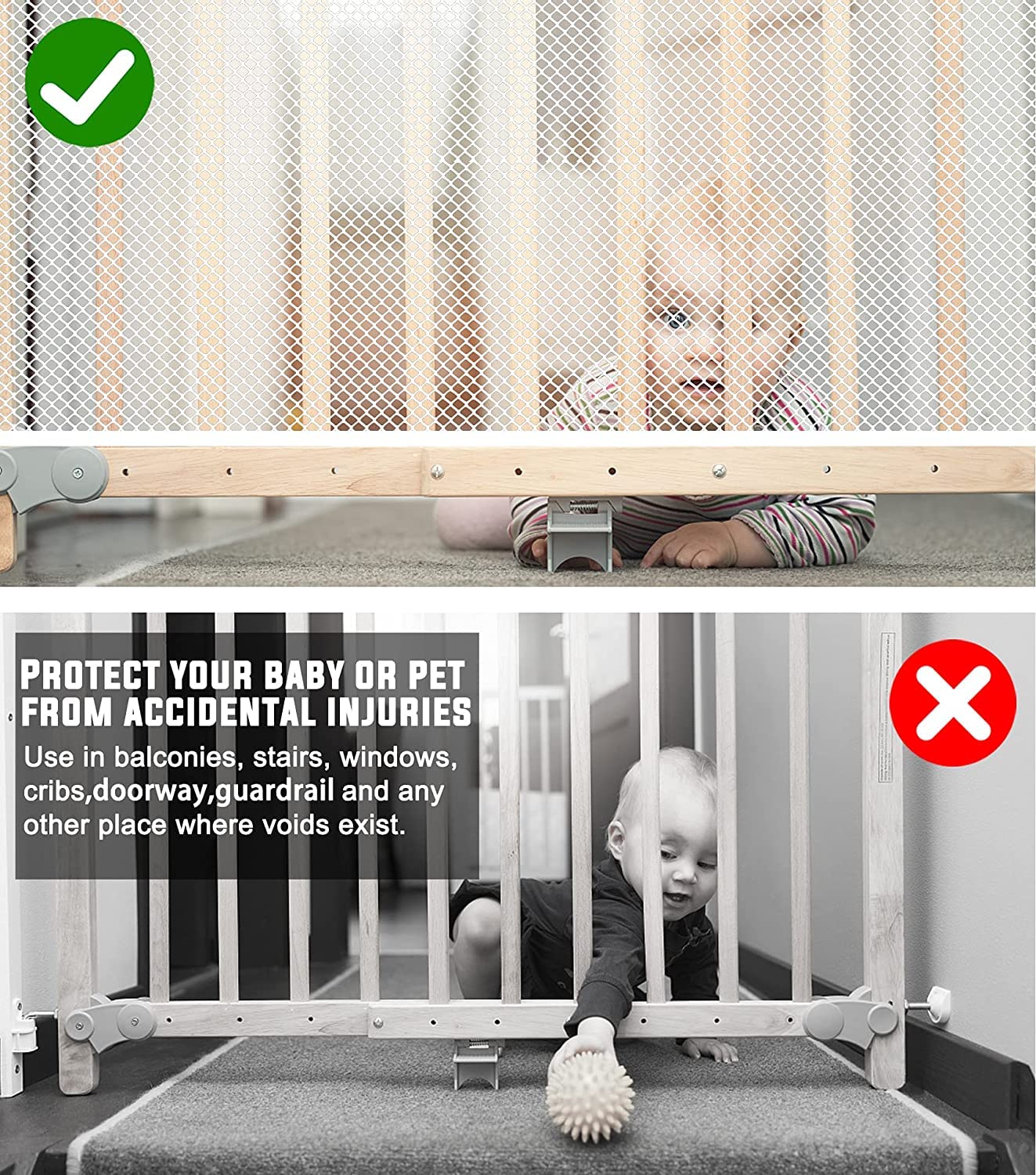 JIFTOK Baby Gate for Stairs, Banister Guard for Kids, Pets, Toys, 10ft L x 2.66 ft H, Mesh Netting Safety Net for Balcony Rail Stair, Stairway Net Baby Safety Products for Indoor & Outdoor (White)
