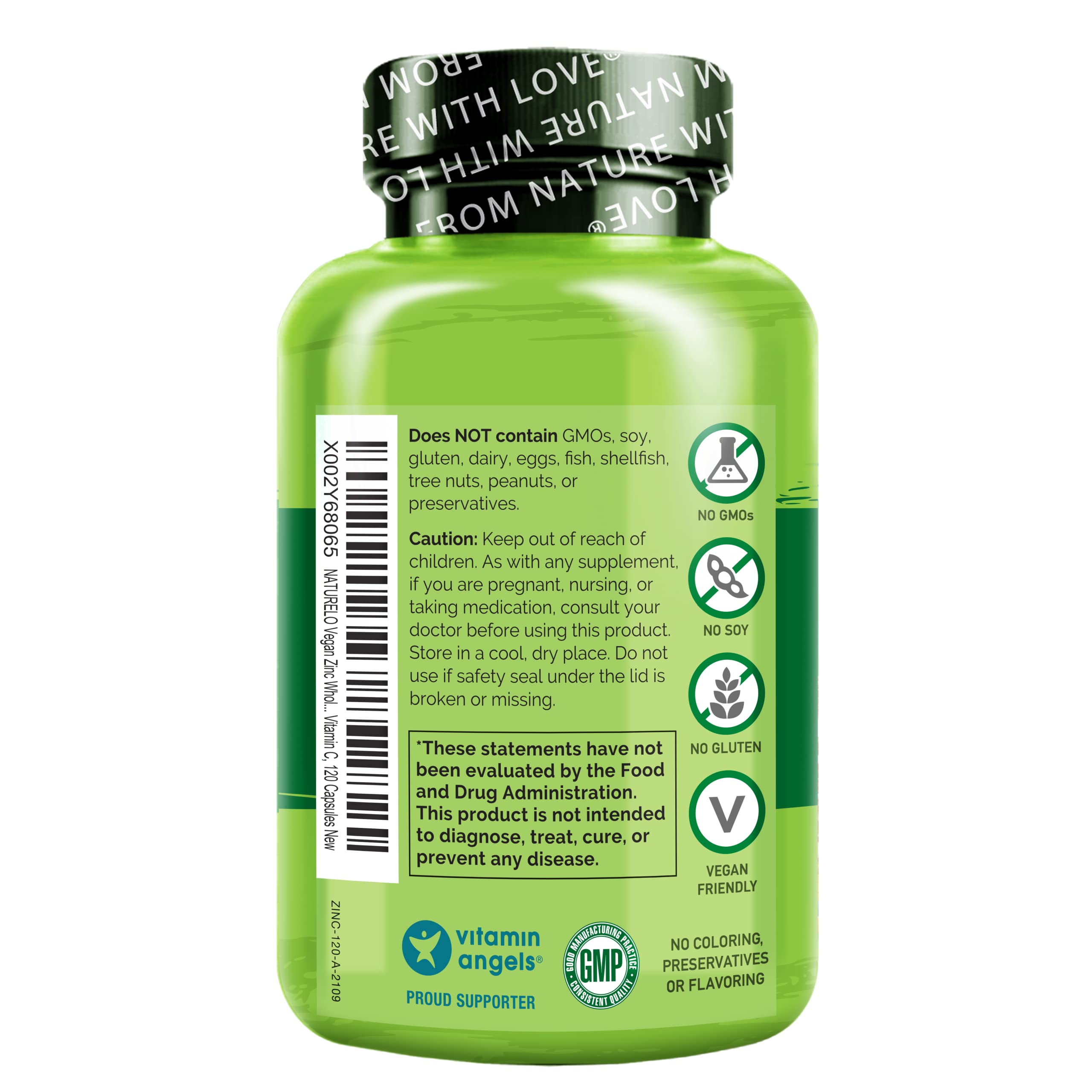 NATURELO Vegan Zinc Immune Support Capsules - Whole Food Complex with Vitamin C for Healthy Skin, Hair, and Nails - 120 Capsules (Pack of 2)
